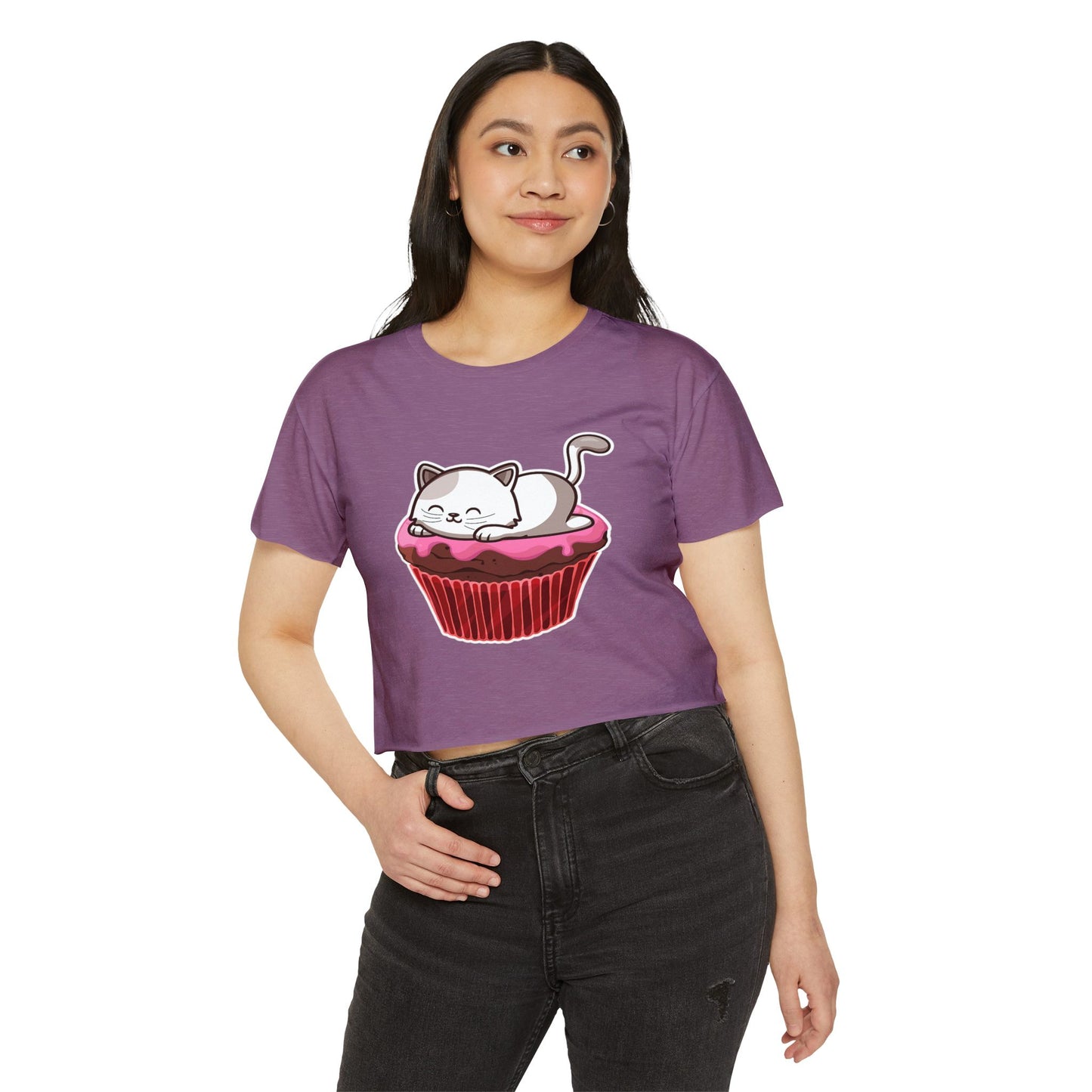 Cute Cat Cupcake Festival Crop Top, Women's Summer Shirt, Gift for Cat Lovers, Fun Party Outfit, Casual Wear