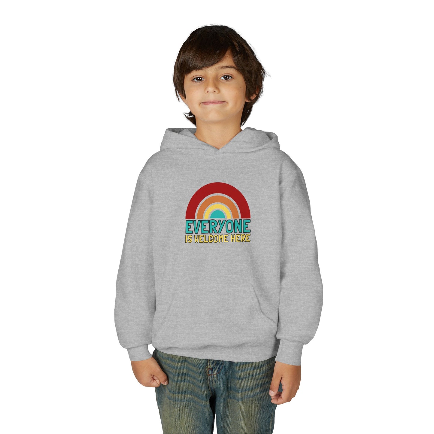 Youth Hooded Sweatshirt - Everyone is Welcome Here, Rainbow Sweatshirt, Cozy Pullover, Inclusive Gift, Kids Hoodie, LGBTQ+ Apparel