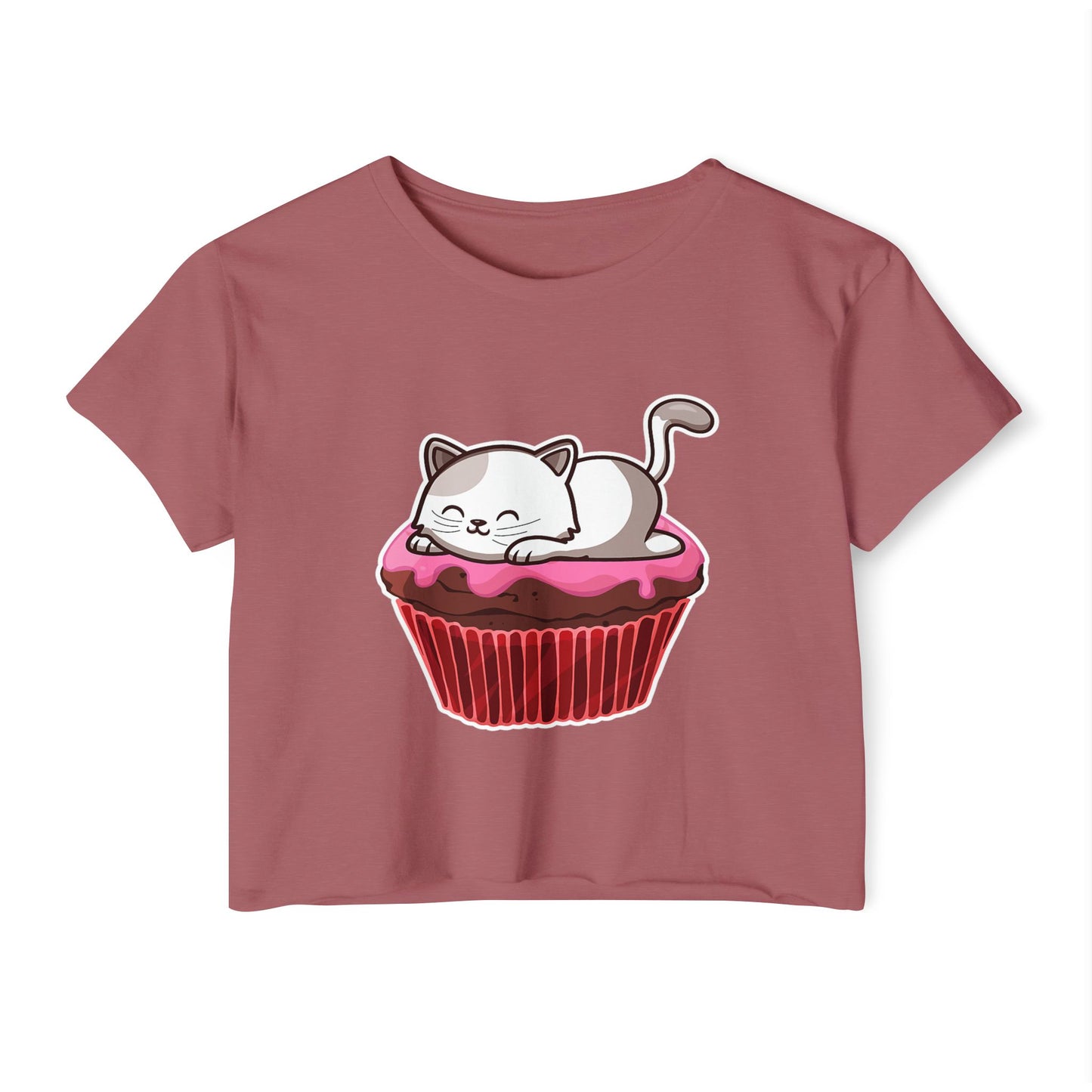 Cute Cat Cupcake Festival Crop Top, Women's Summer Shirt, Gift for Cat Lovers, Fun Party Outfit, Casual Wear