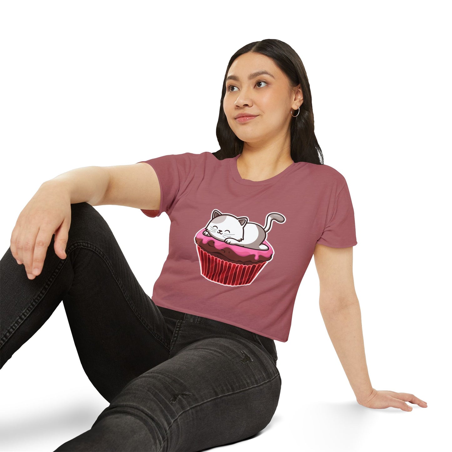 Cute Cat Cupcake Festival Crop Top, Women's Summer Shirt, Gift for Cat Lovers, Fun Party Outfit, Casual Wear