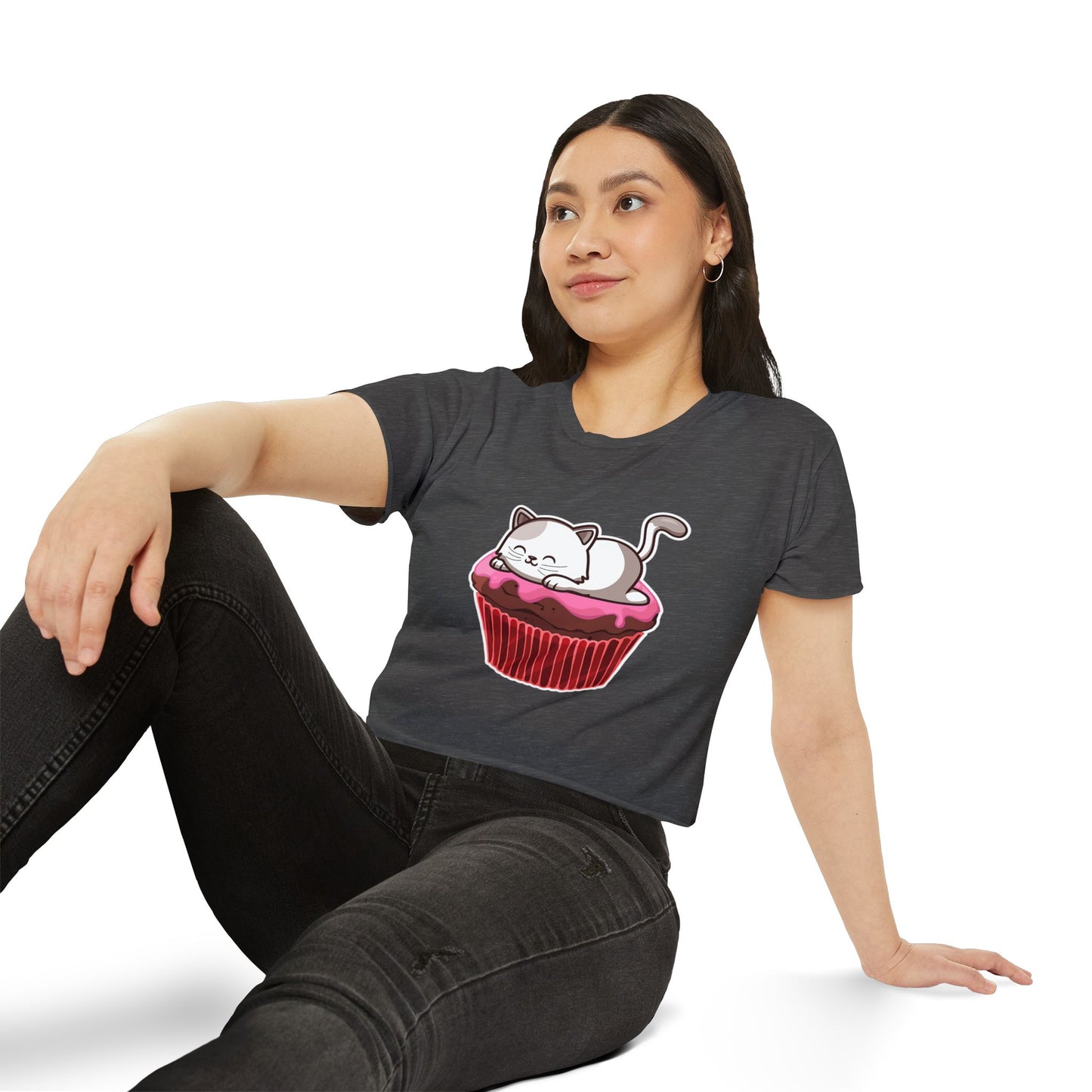 Cute Cat Cupcake Festival Crop Top, Women's Summer Shirt, Gift for Cat Lovers, Fun Party Outfit, Casual Wear
