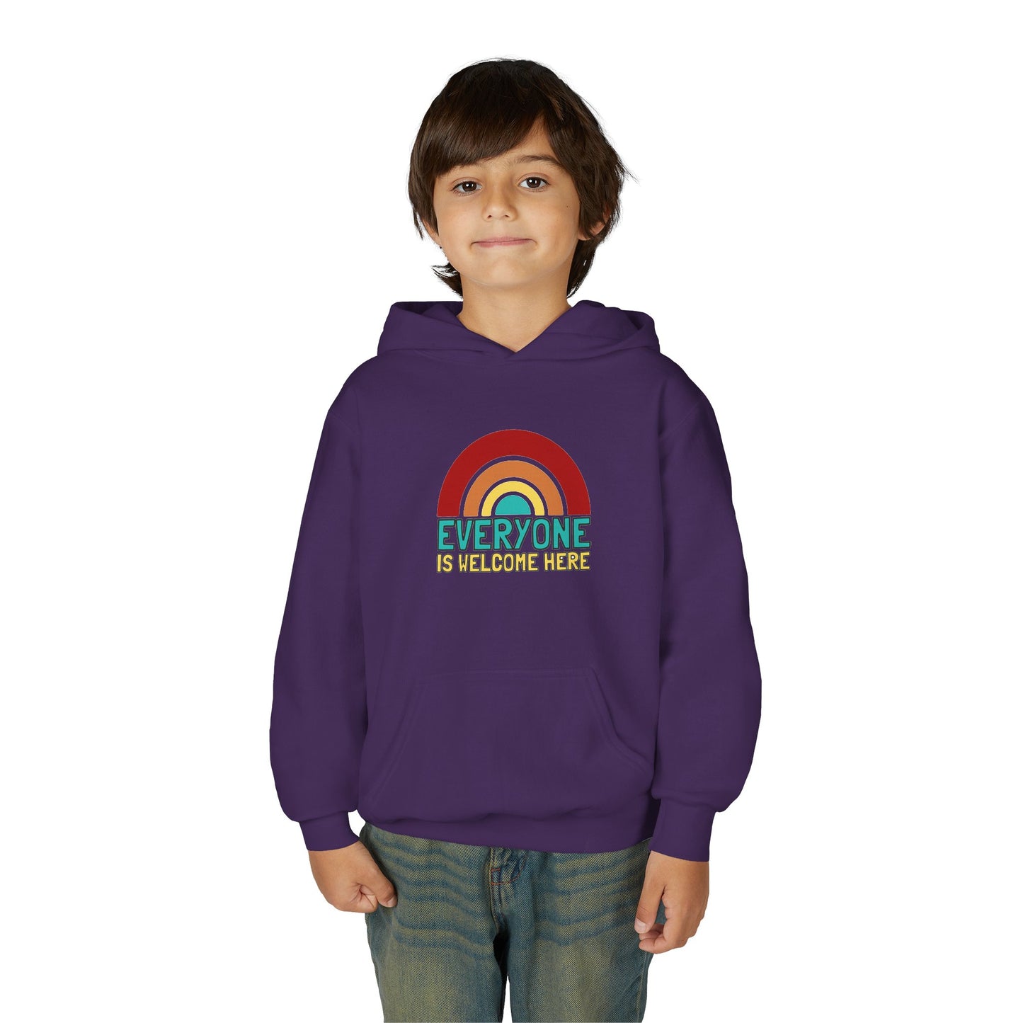 Youth Hooded Sweatshirt - Everyone is Welcome Here, Rainbow Sweatshirt, Cozy Pullover, Inclusive Gift, Kids Hoodie, LGBTQ+ Apparel