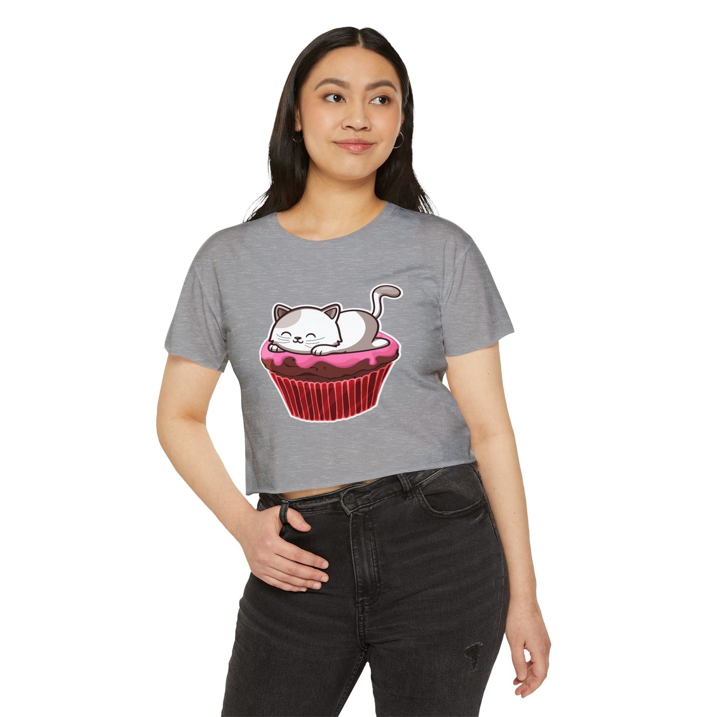 Cute Cat Cupcake Festival Crop Top, Women's Summer Shirt, Gift for Cat Lovers, Fun Party Outfit, Casual Wear