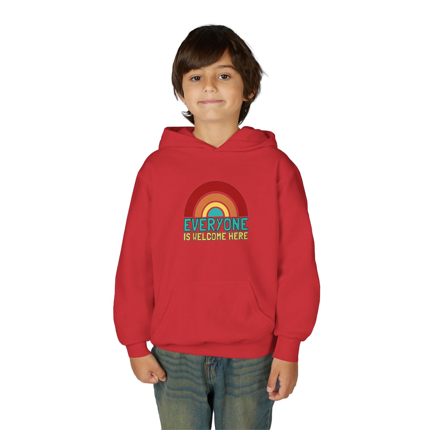 Youth Hooded Sweatshirt - Everyone is Welcome Here, Rainbow Sweatshirt, Cozy Pullover, Inclusive Gift, Kids Hoodie, LGBTQ+ Apparel