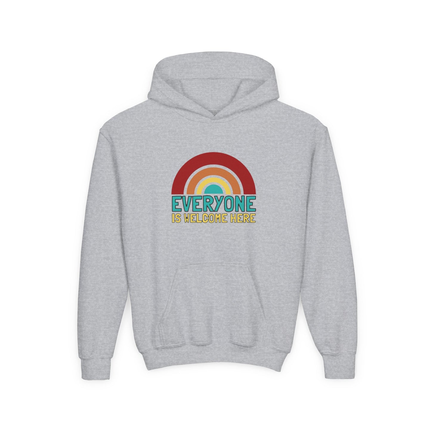 Youth Hooded Sweatshirt - Everyone is Welcome Here, Rainbow Sweatshirt, Cozy Pullover, Inclusive Gift, Kids Hoodie, LGBTQ+ Apparel