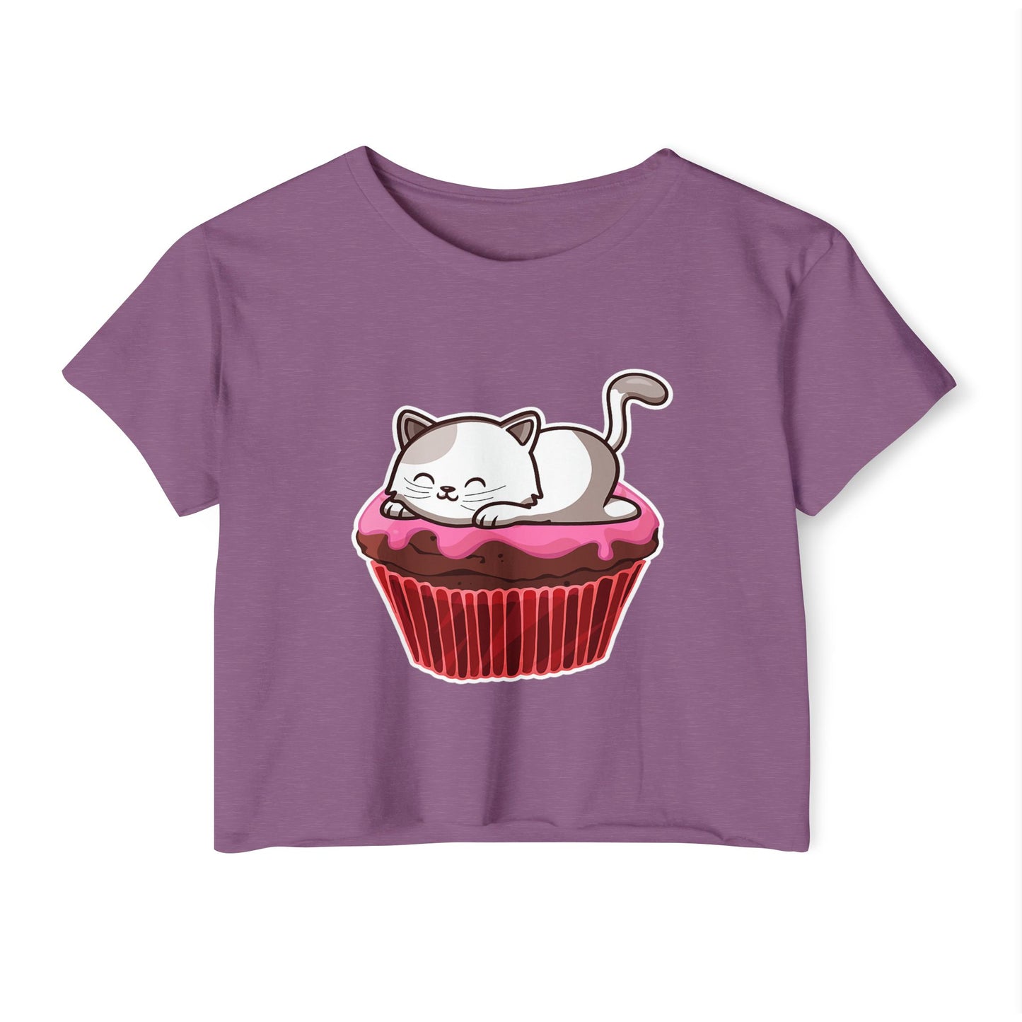 Cute Cat Cupcake Festival Crop Top, Women's Summer Shirt, Gift for Cat Lovers, Fun Party Outfit, Casual Wear