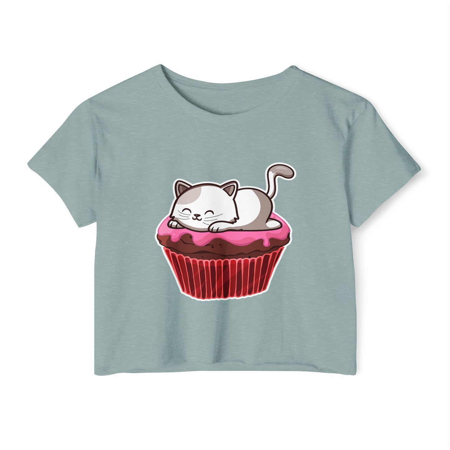 Cute Cat Cupcake Festival Crop Top, Women's Summer Shirt, Gift for Cat Lovers, Fun Party Outfit, Casual Wear