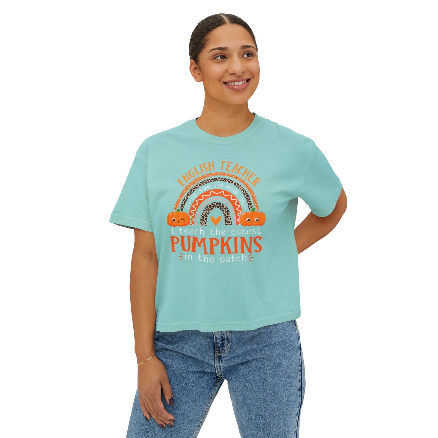 Fall Pumpkin English Teacher Boxy Tee, Cute Teacher Shirt, Autumn Apparel, Funny Teacher Gift, Halloween Shirt, Gift for Teachers