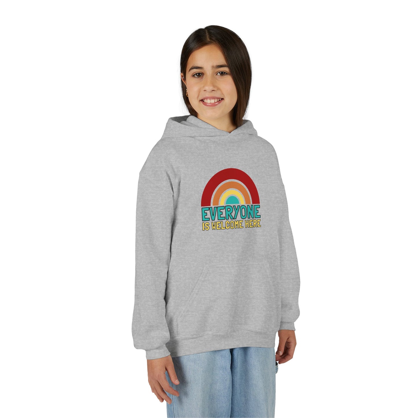 Youth Hooded Sweatshirt - Everyone is Welcome Here, Rainbow Sweatshirt, Cozy Pullover, Inclusive Gift, Kids Hoodie, LGBTQ+ Apparel