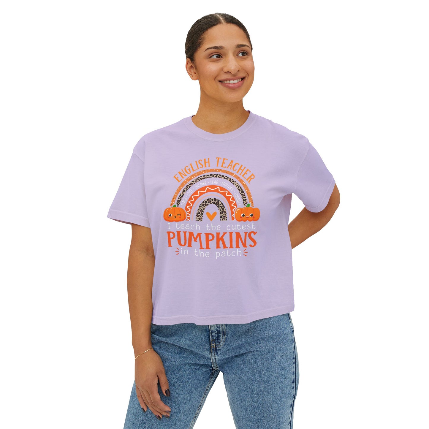 Fall Pumpkin English Teacher Boxy Tee, Cute Teacher Shirt, Autumn Apparel, Funny Teacher Gift, Halloween Shirt, Gift for Teachers