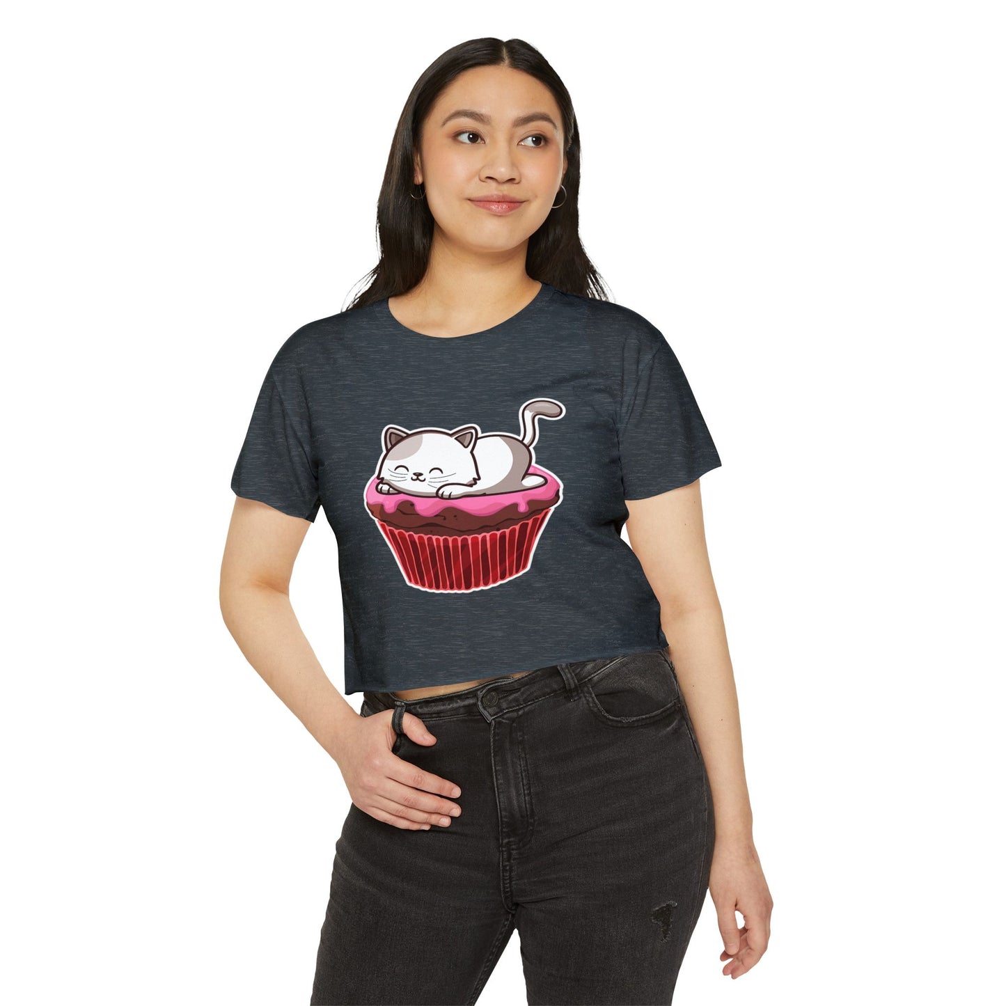 Cute Cat Cupcake Festival Crop Top, Women's Summer Shirt, Gift for Cat Lovers, Fun Party Outfit, Casual Wear