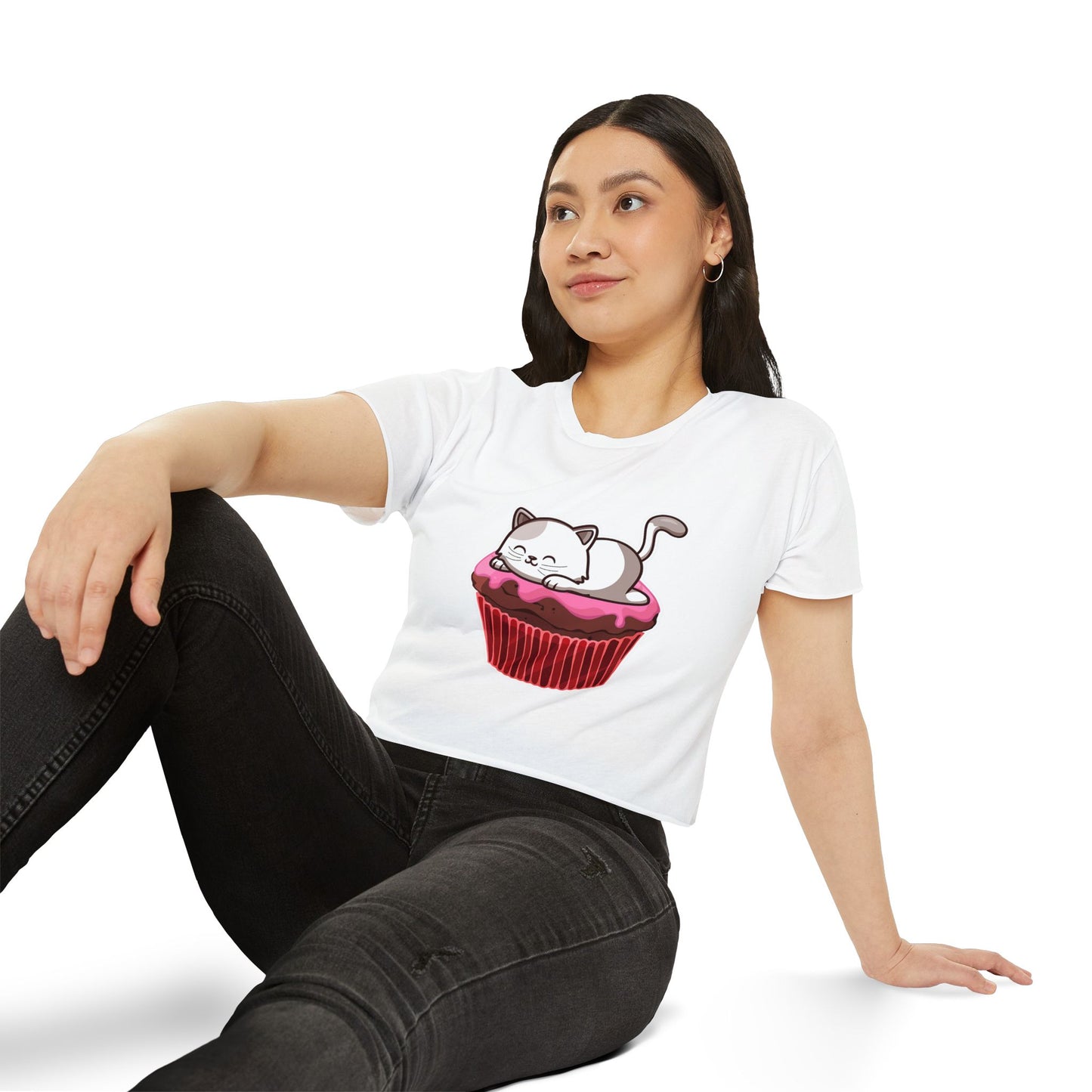 Cute Cat Cupcake Festival Crop Top, Women's Summer Shirt, Gift for Cat Lovers, Fun Party Outfit, Casual Wear
