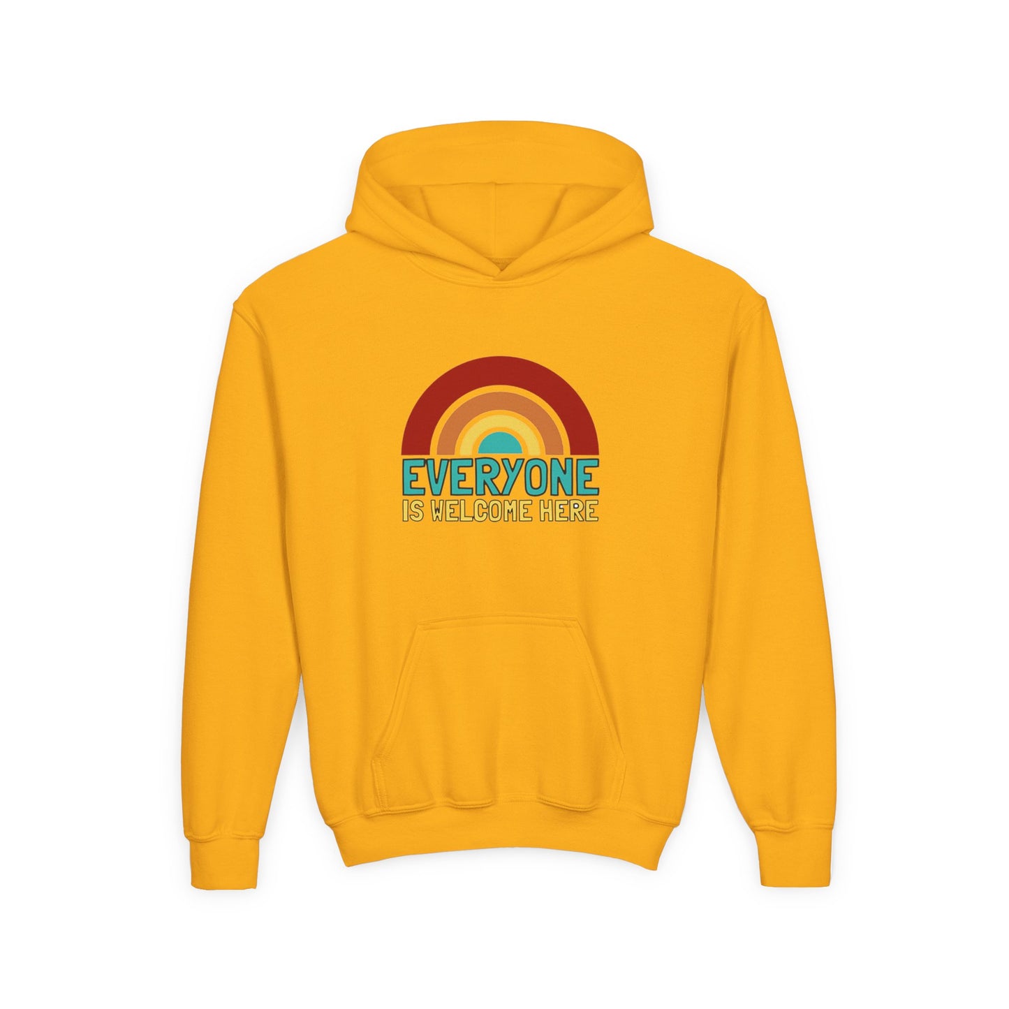 Youth Hooded Sweatshirt - Everyone is Welcome Here, Rainbow Sweatshirt, Cozy Pullover, Inclusive Gift, Kids Hoodie, LGBTQ+ Apparel