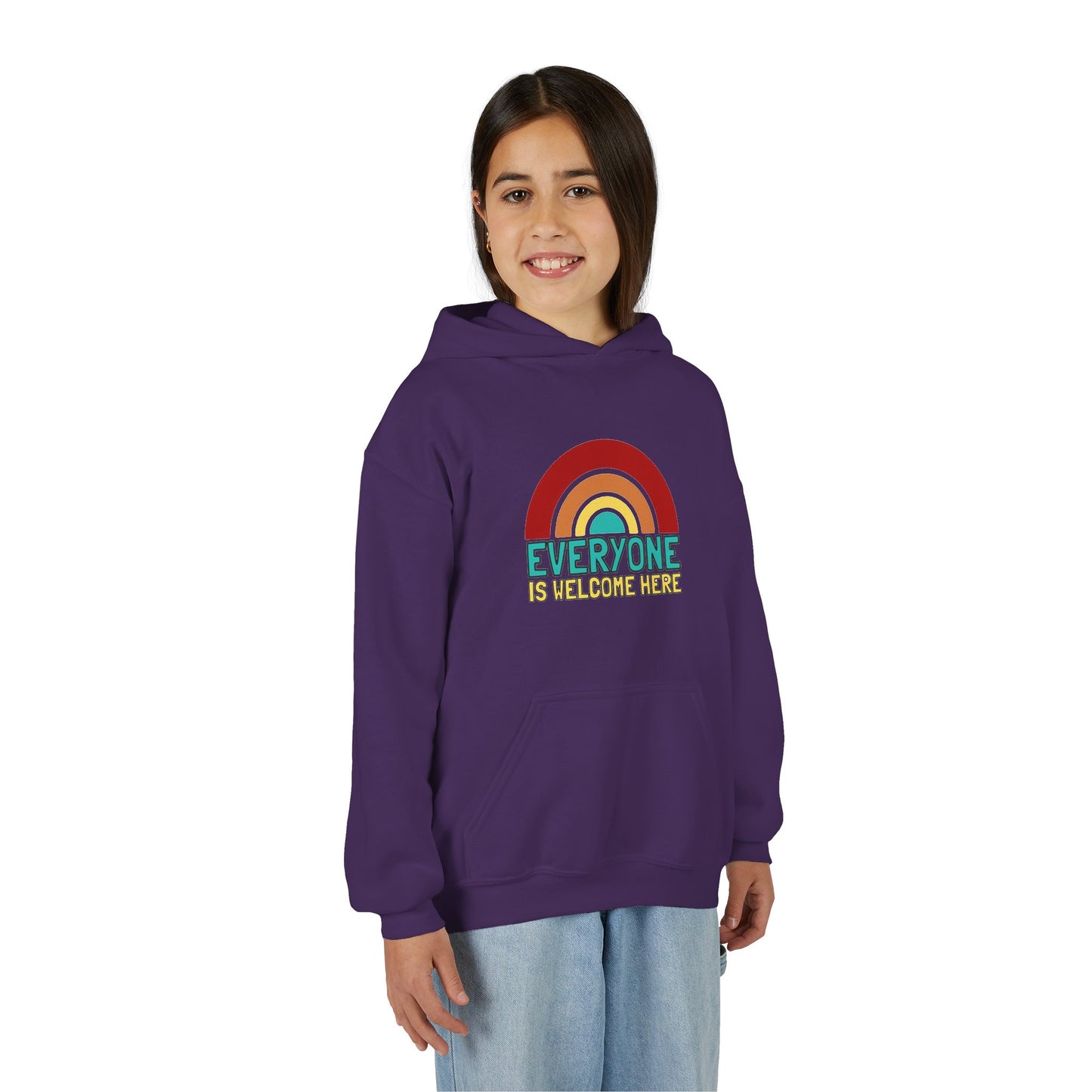 Youth Hooded Sweatshirt - Everyone is Welcome Here, Rainbow Sweatshirt, Cozy Pullover, Inclusive Gift, Kids Hoodie, LGBTQ+ Apparel