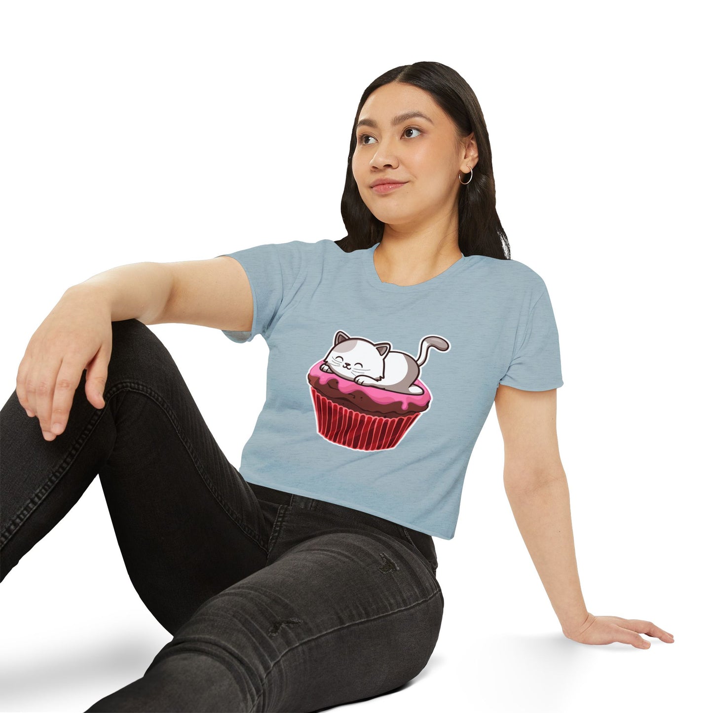 Cute Cat Cupcake Festival Crop Top, Women's Summer Shirt, Gift for Cat Lovers, Fun Party Outfit, Casual Wear