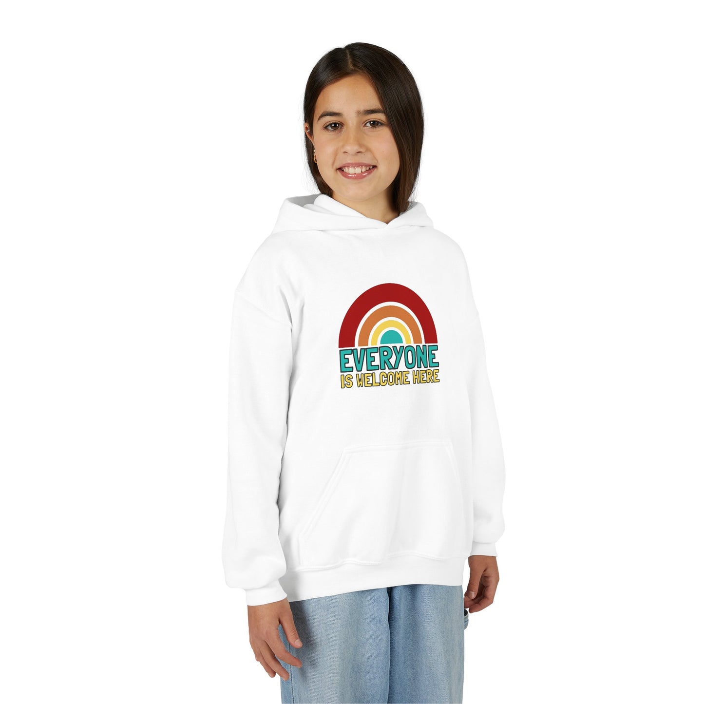 Youth Hooded Sweatshirt - Everyone is Welcome Here, Rainbow Sweatshirt, Cozy Pullover, Inclusive Gift, Kids Hoodie, LGBTQ+ Apparel