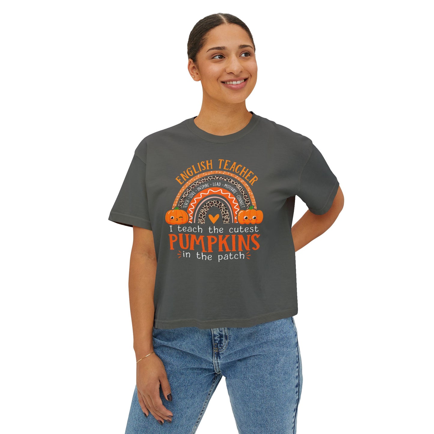 Fall Pumpkin English Teacher Boxy Tee, Cute Teacher Shirt, Autumn Apparel, Funny Teacher Gift, Halloween Shirt, Gift for Teachers