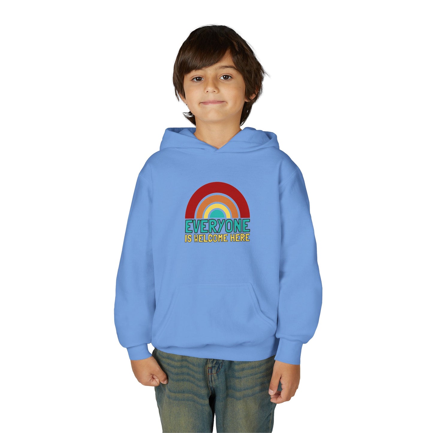 Youth Hooded Sweatshirt - Everyone is Welcome Here, Rainbow Sweatshirt, Cozy Pullover, Inclusive Gift, Kids Hoodie, LGBTQ+ Apparel