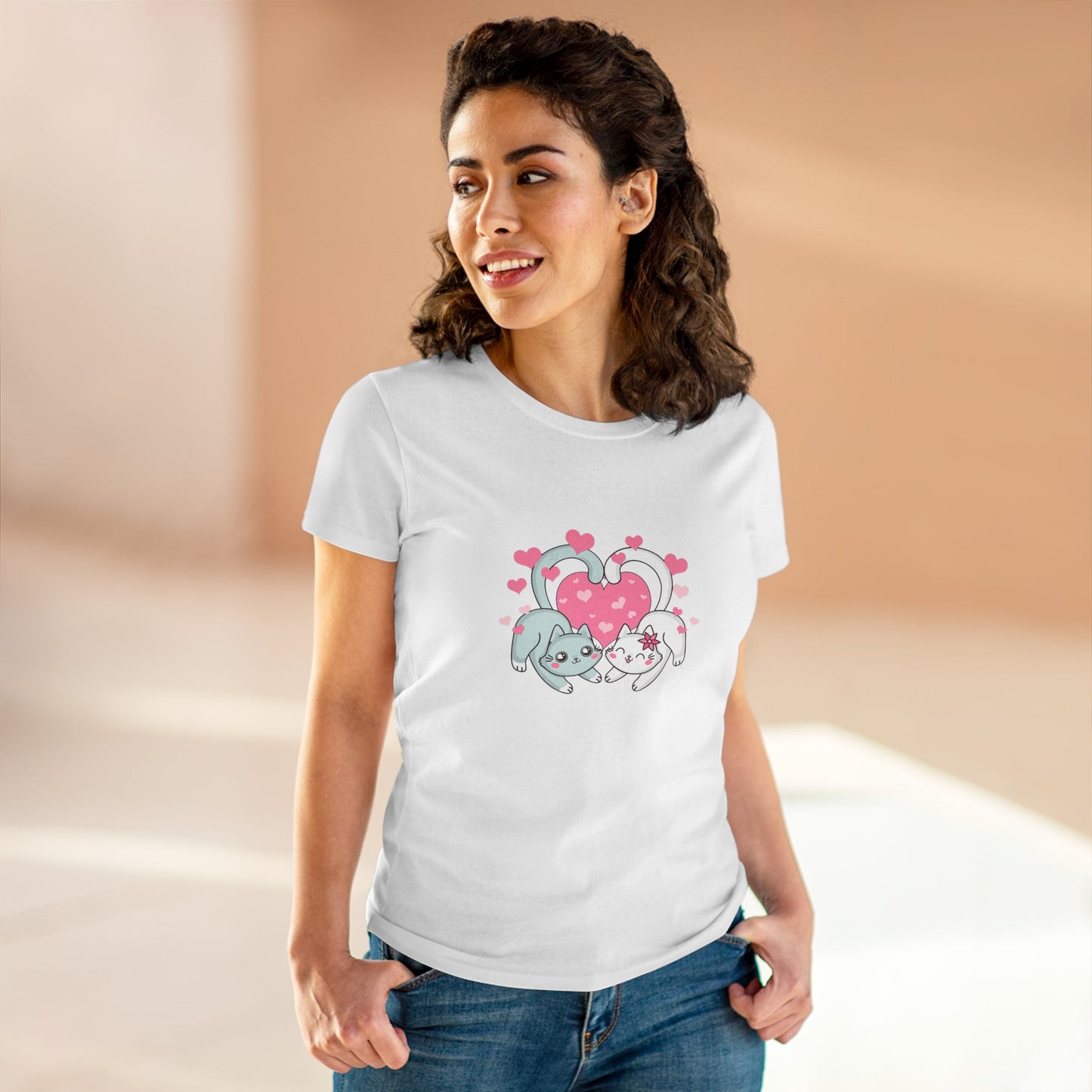 Cute Cat Love Tee for Pet Lovers, Valentine's Day Gift, Women's Casual Cotton T-Shirt, Cat Lover Shirt, Unique Pet Gift