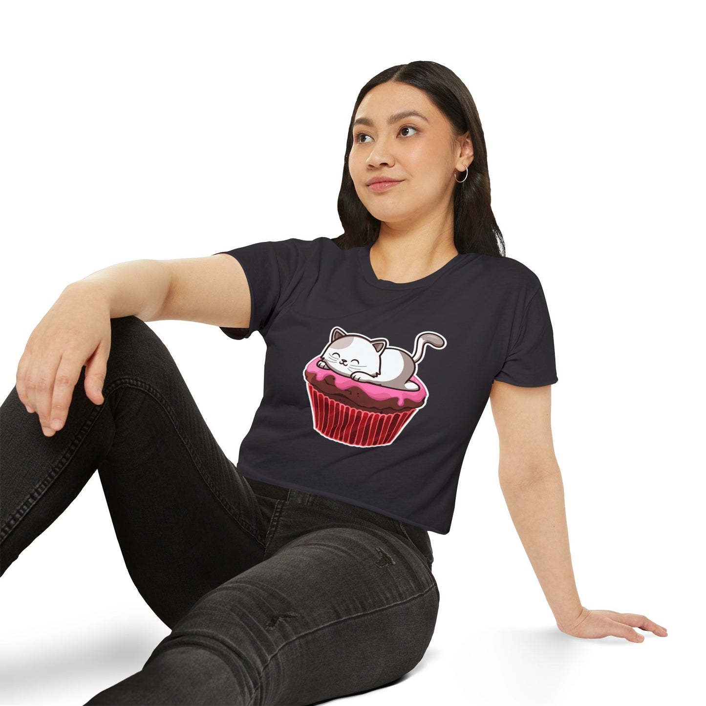 Cute Cat Cupcake Festival Crop Top, Women's Summer Shirt, Gift for Cat Lovers, Fun Party Outfit, Casual Wear