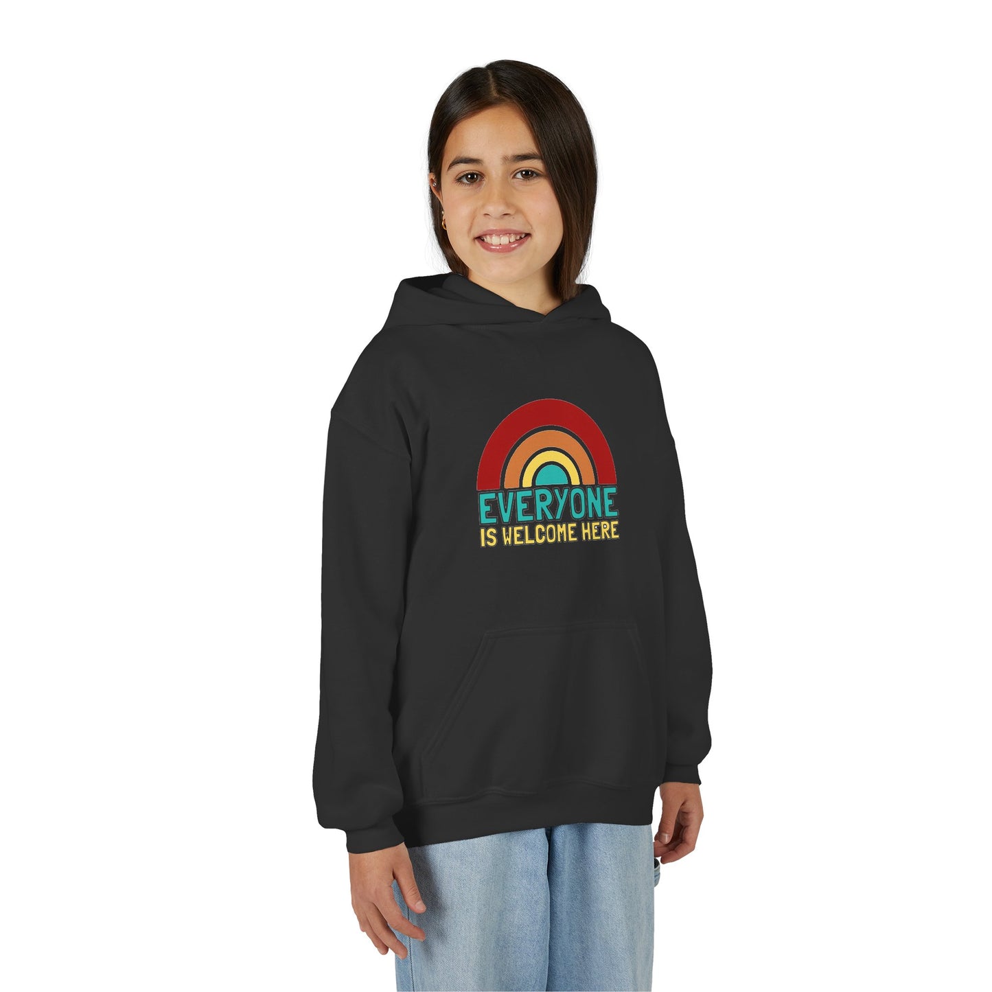 Youth Hooded Sweatshirt - Everyone is Welcome Here, Rainbow Sweatshirt, Cozy Pullover, Inclusive Gift, Kids Hoodie, LGBTQ+ Apparel
