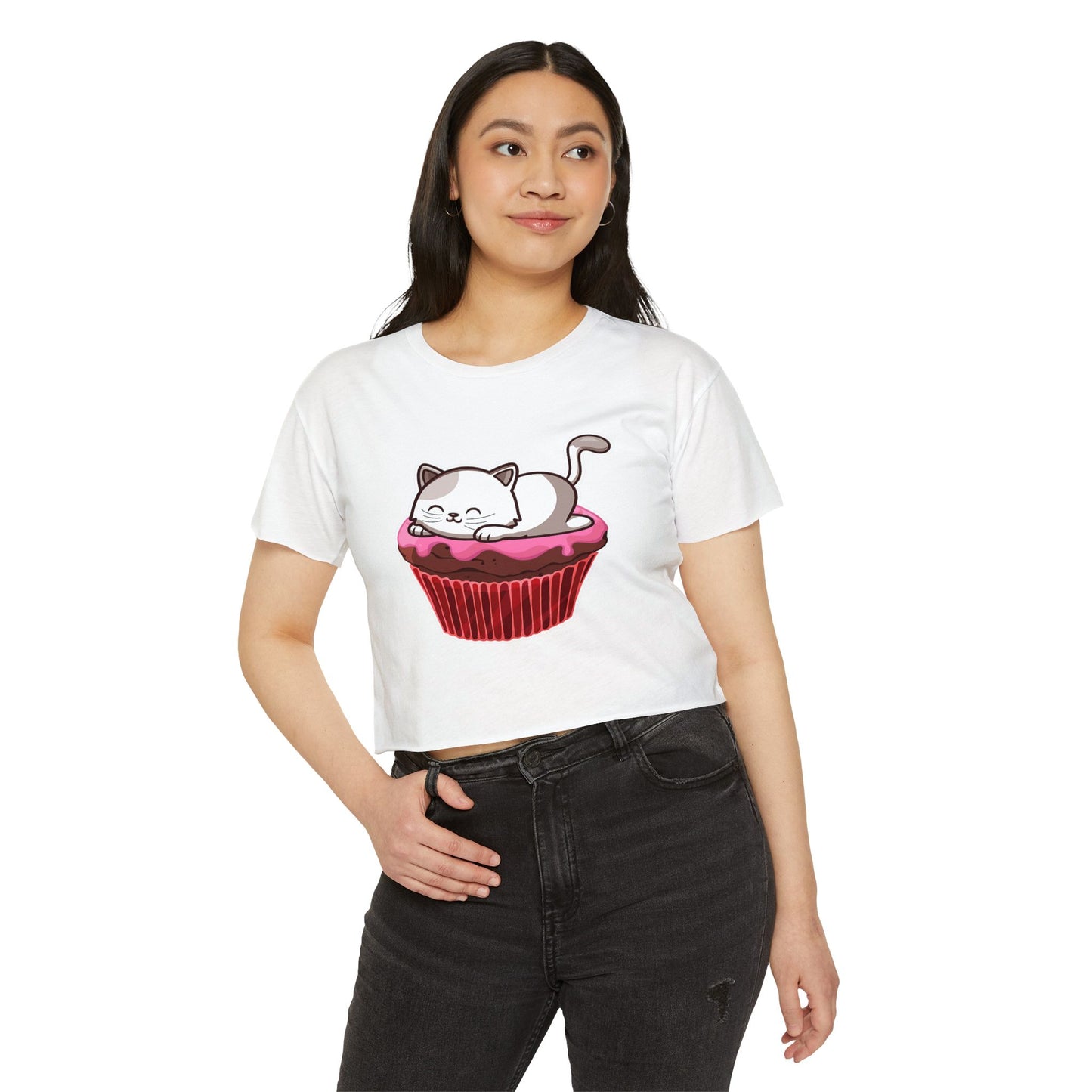 Cute Cat Cupcake Festival Crop Top, Women's Summer Shirt, Gift for Cat Lovers, Fun Party Outfit, Casual Wear