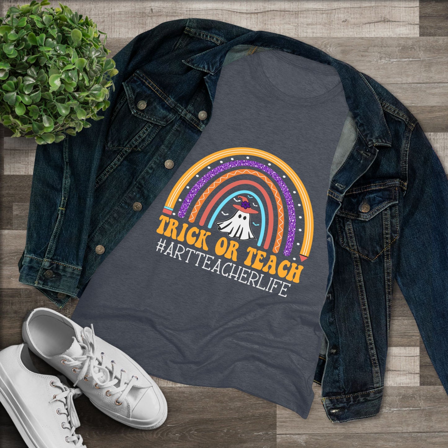 Trick or Teach Rainbow Tee for Women - Fun Halloween Shirt, Gift for Teachers, Fall Fashion, Cute T-Shirt, Casual Wear