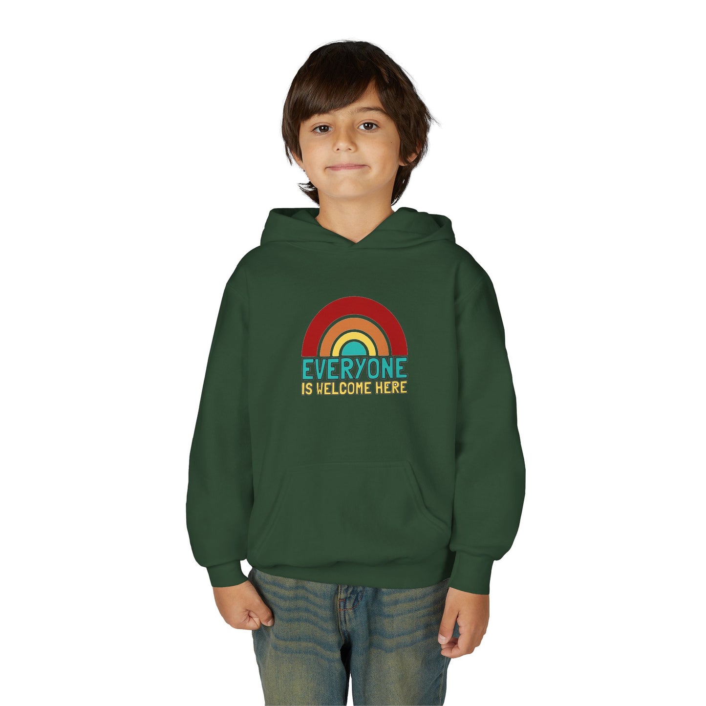 Youth Hooded Sweatshirt - Everyone is Welcome Here, Rainbow Sweatshirt, Cozy Pullover, Inclusive Gift, Kids Hoodie, LGBTQ+ Apparel