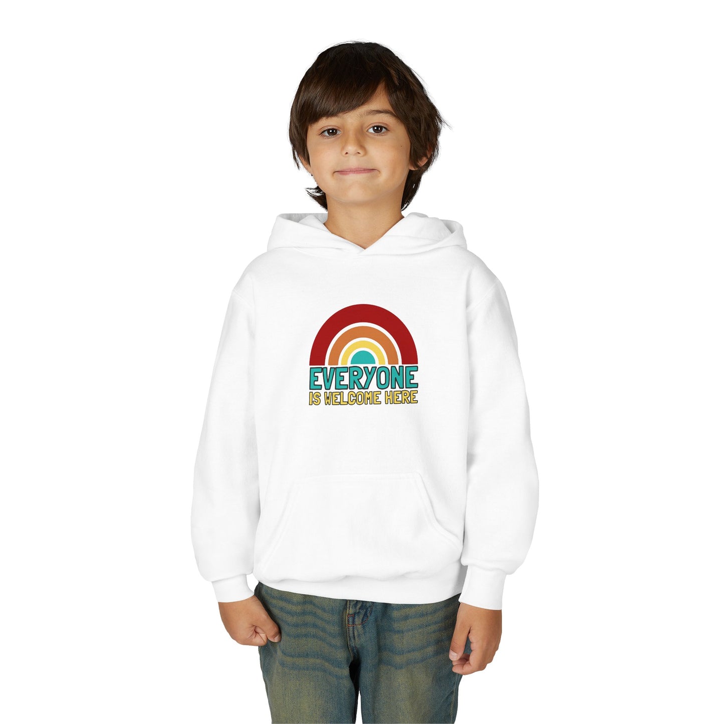 Youth Hooded Sweatshirt - Everyone is Welcome Here, Rainbow Sweatshirt, Cozy Pullover, Inclusive Gift, Kids Hoodie, LGBTQ+ Apparel