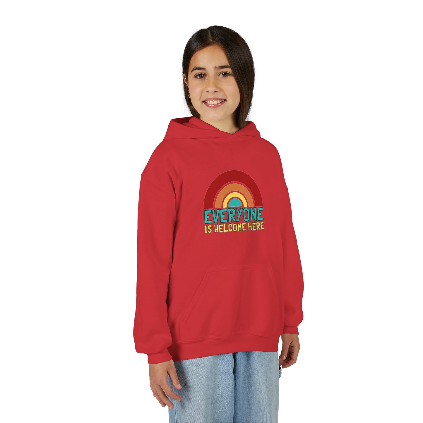 Youth Hooded Sweatshirt - Everyone is Welcome Here, Rainbow Sweatshirt, Cozy Pullover, Inclusive Gift, Kids Hoodie, LGBTQ+ Apparel
