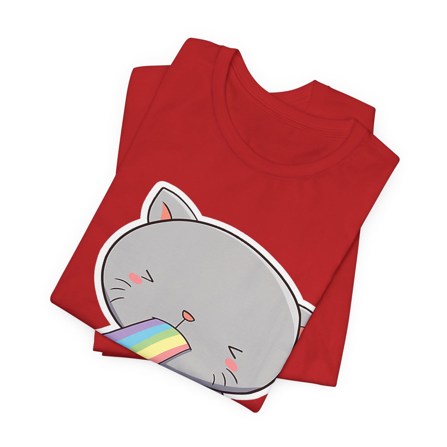 Cute Cat Rainbow Short Sleeve Tee, Fun Pet Lover Shirt, Gift for Cat Owners, Whimsical Top, Perfect for Casual Outfits