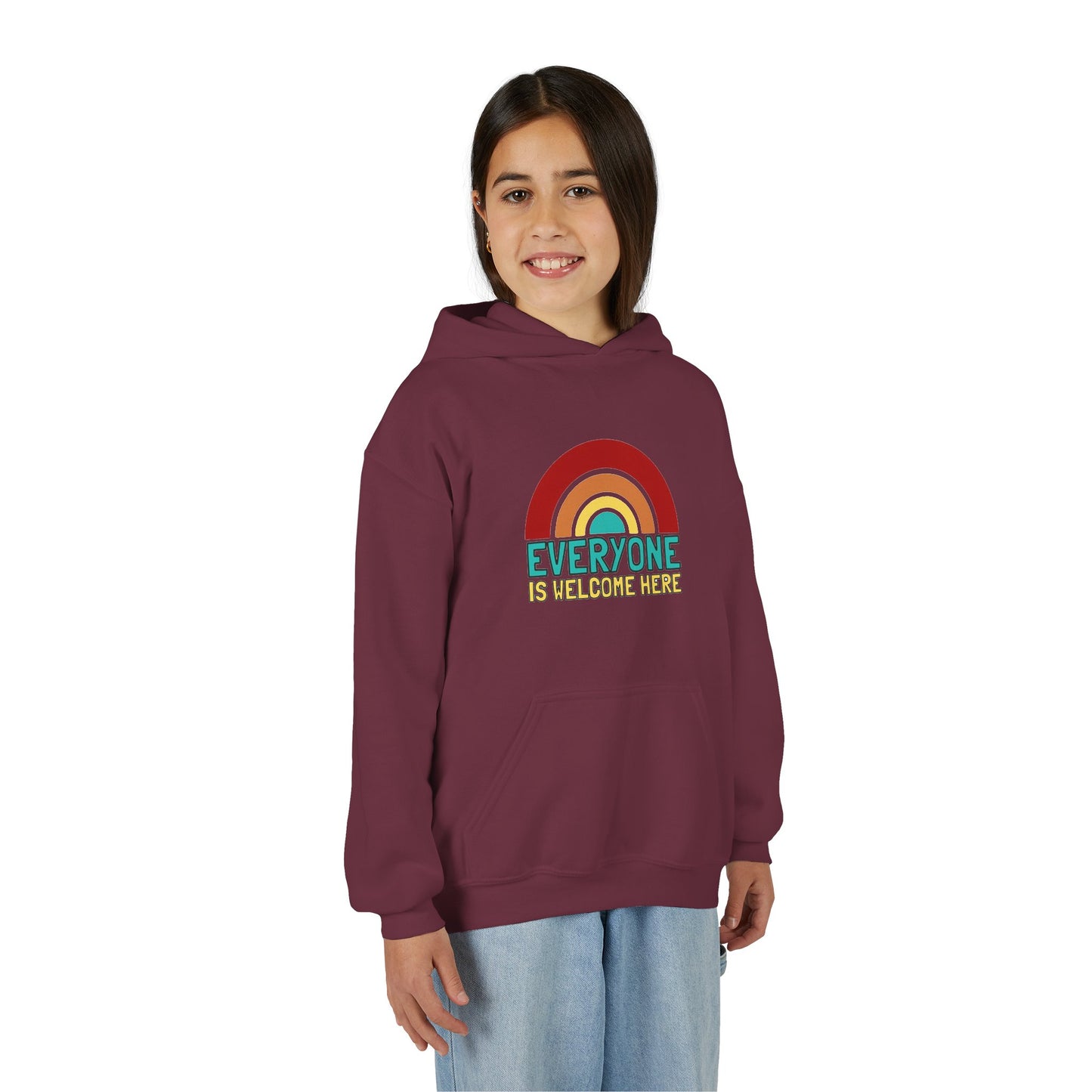 Youth Hooded Sweatshirt - Everyone is Welcome Here, Rainbow Sweatshirt, Cozy Pullover, Inclusive Gift, Kids Hoodie, LGBTQ+ Apparel