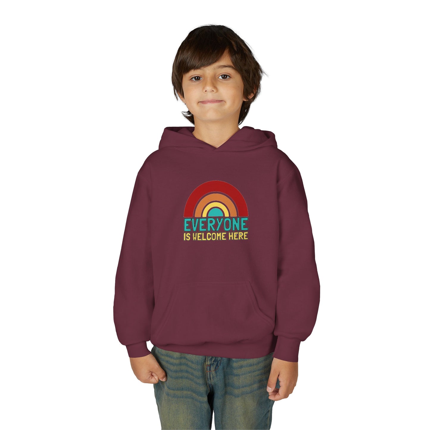 Youth Hooded Sweatshirt - Everyone is Welcome Here, Rainbow Sweatshirt, Cozy Pullover, Inclusive Gift, Kids Hoodie, LGBTQ+ Apparel