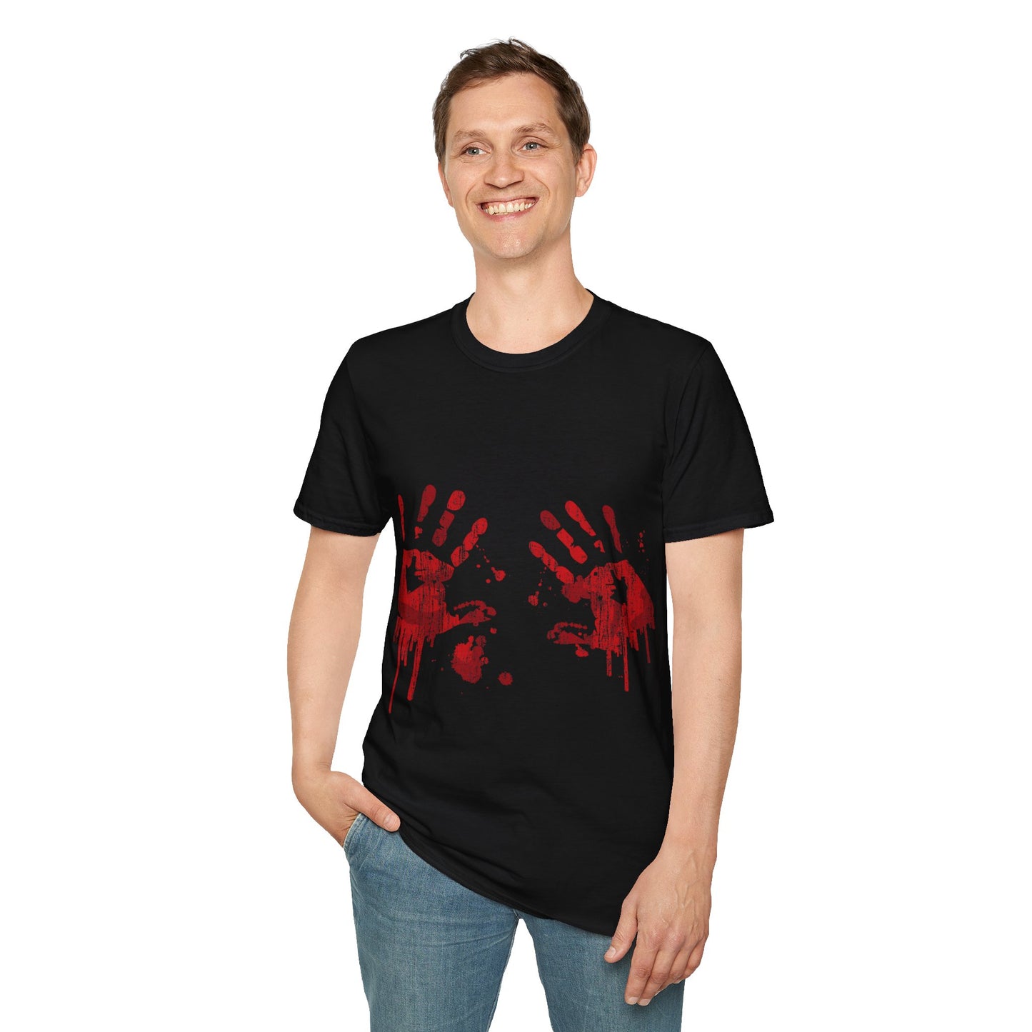Bloody Handprints Unisex T-Shirt, Halloween Costume Tee, Spooky Graphic Shirt, Horror Movie Apparel, Gore T-Shirt