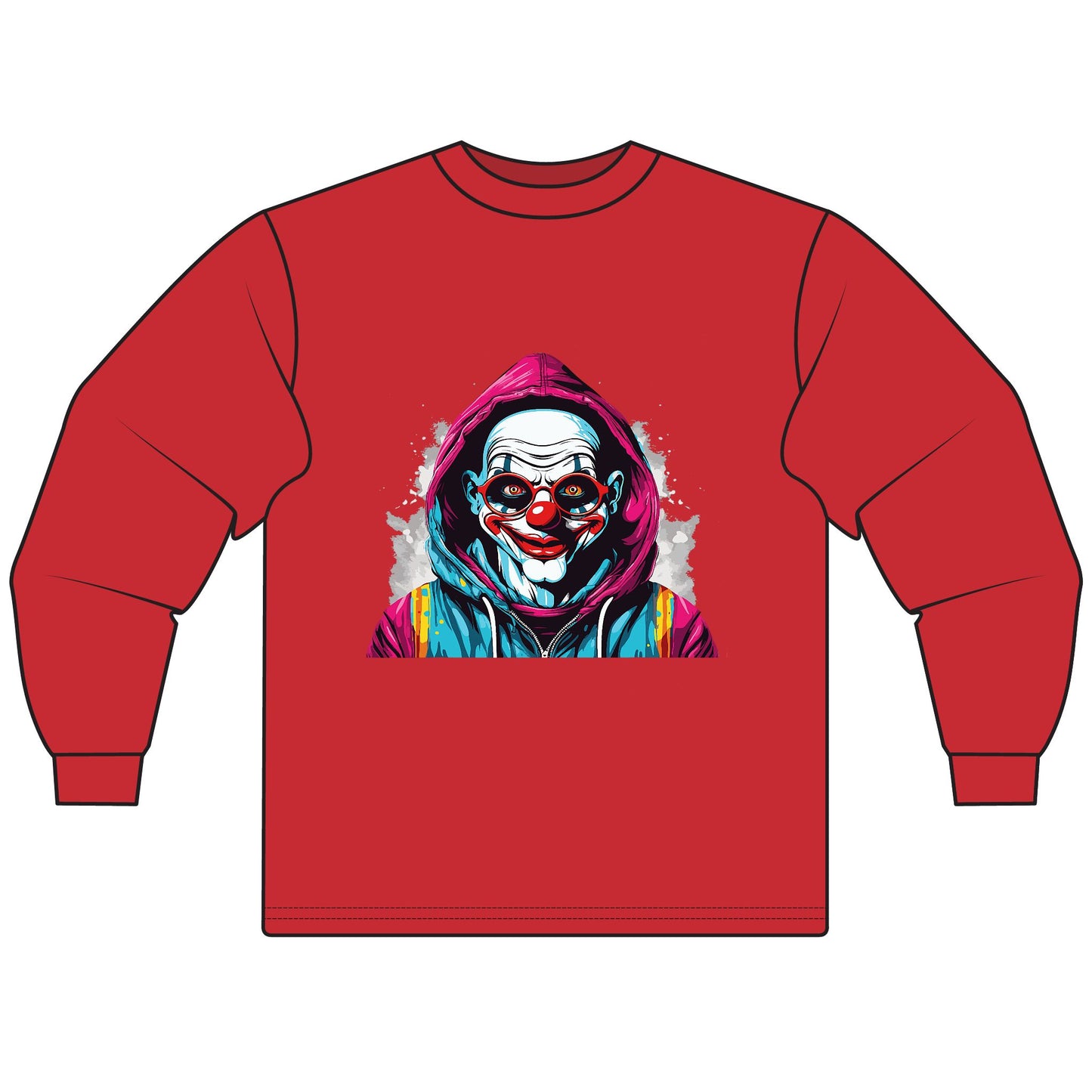 Unisex Graphic Long Sleeve T-Shirt, Creepy Clown Design, Halloween Apparel, Streetwear, Men’s and Women’s Fashion