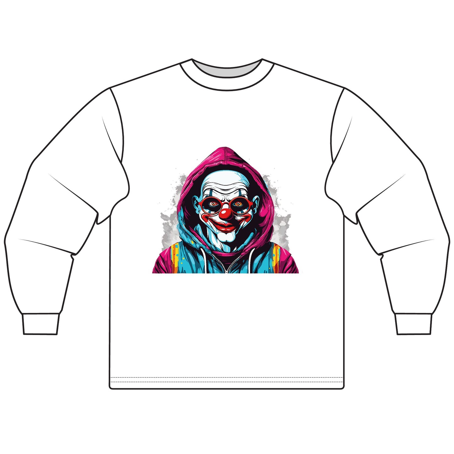 Unisex Graphic Long Sleeve T-Shirt, Creepy Clown Design, Halloween Apparel, Streetwear, Men’s and Women’s Fashion