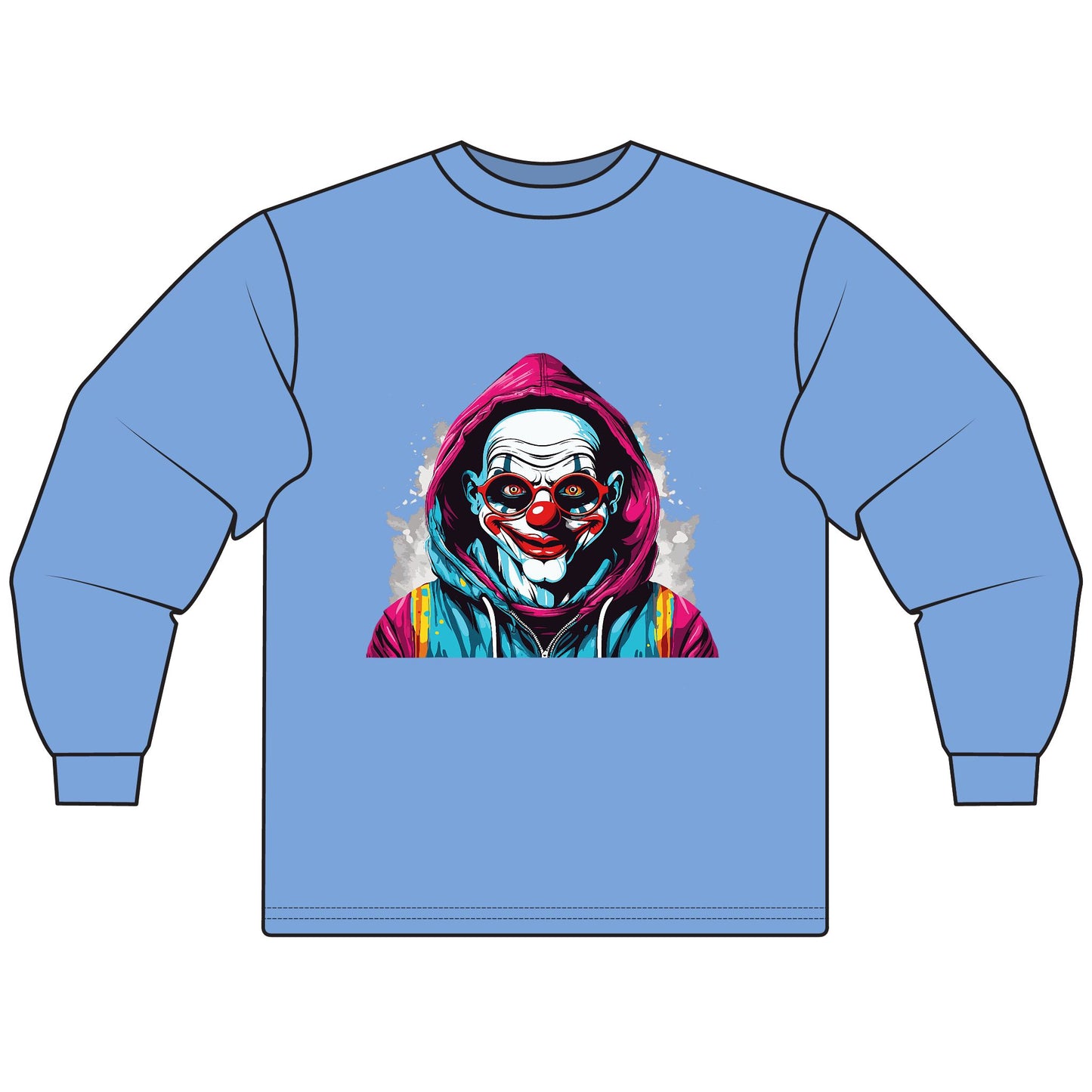 Unisex Graphic Long Sleeve T-Shirt, Creepy Clown Design, Halloween Apparel, Streetwear, Men’s and Women’s Fashion