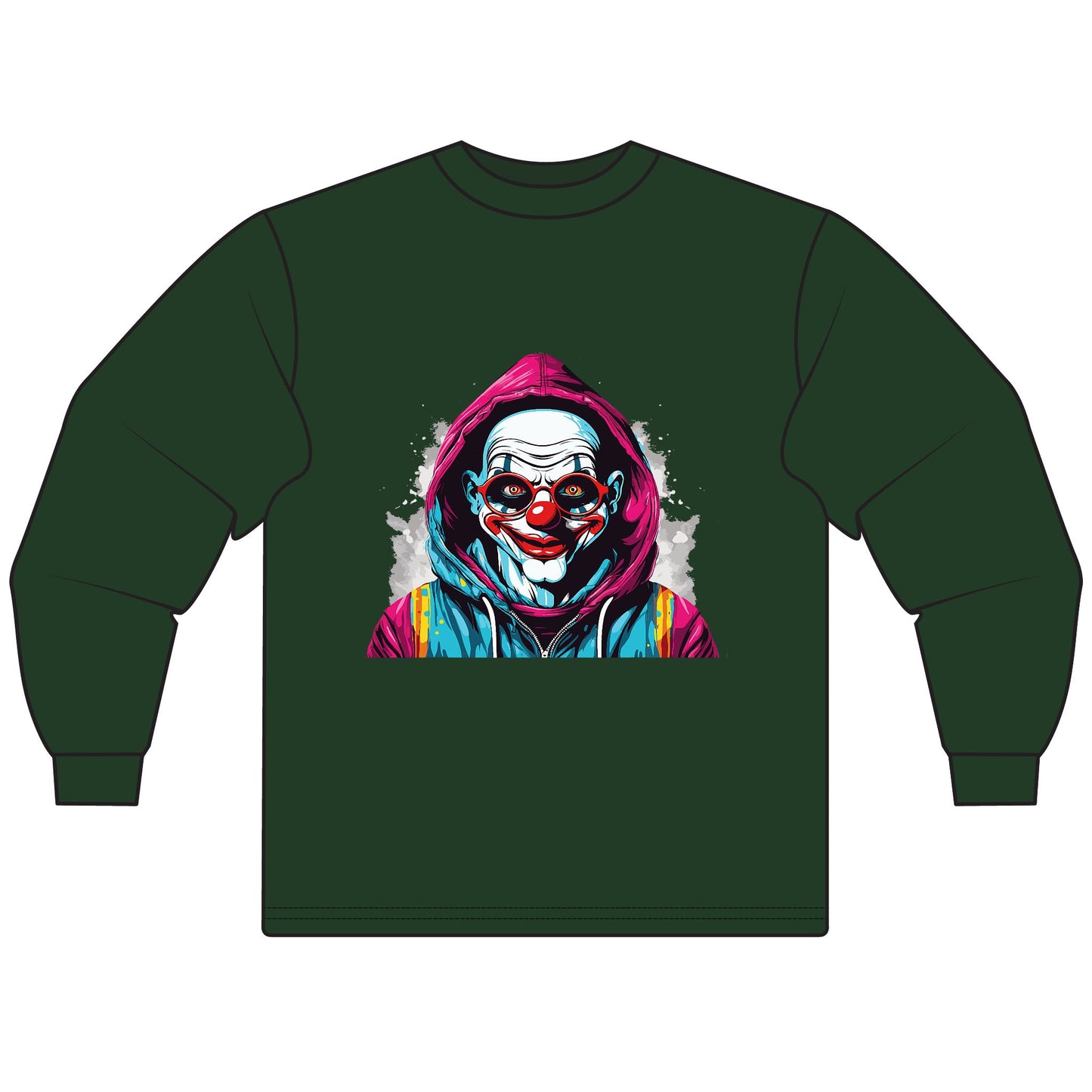 Unisex Graphic Long Sleeve T-Shirt, Creepy Clown Design, Halloween Apparel, Streetwear, Men’s and Women’s Fashion