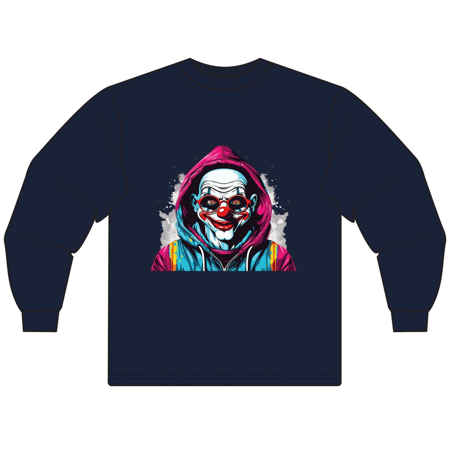 Unisex Graphic Long Sleeve T-Shirt, Creepy Clown Design, Halloween Apparel, Streetwear, Men’s and Women’s Fashion
