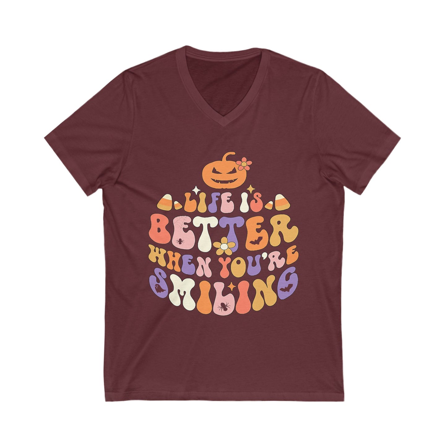 Halloween V-Neck Tee - Life is Better When You're Smiling, Unisex Shirt for Fall Celebrations, Casual Wear, Pumpkin Tee, Cozy Autumn Style