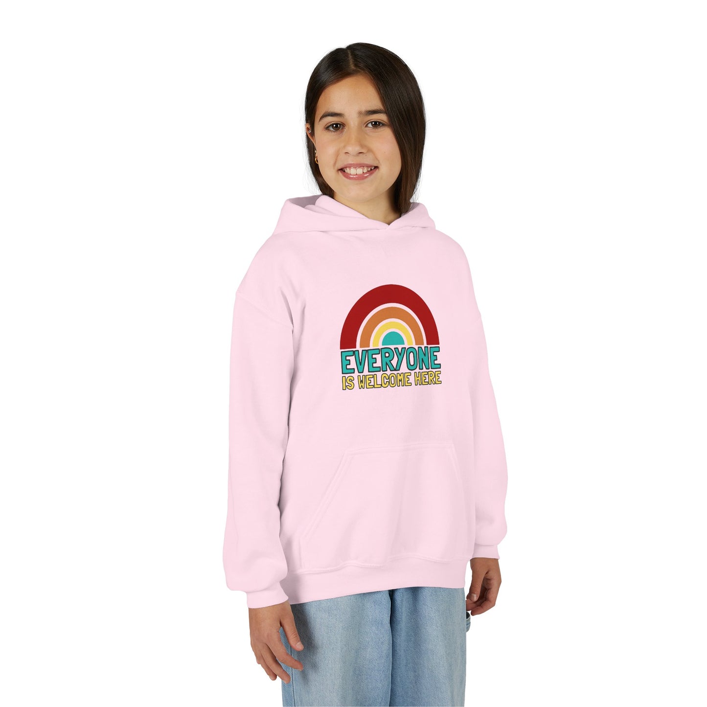 Youth Hooded Sweatshirt - Everyone is Welcome Here, Rainbow Sweatshirt, Cozy Pullover, Inclusive Gift, Kids Hoodie, LGBTQ+ Apparel
