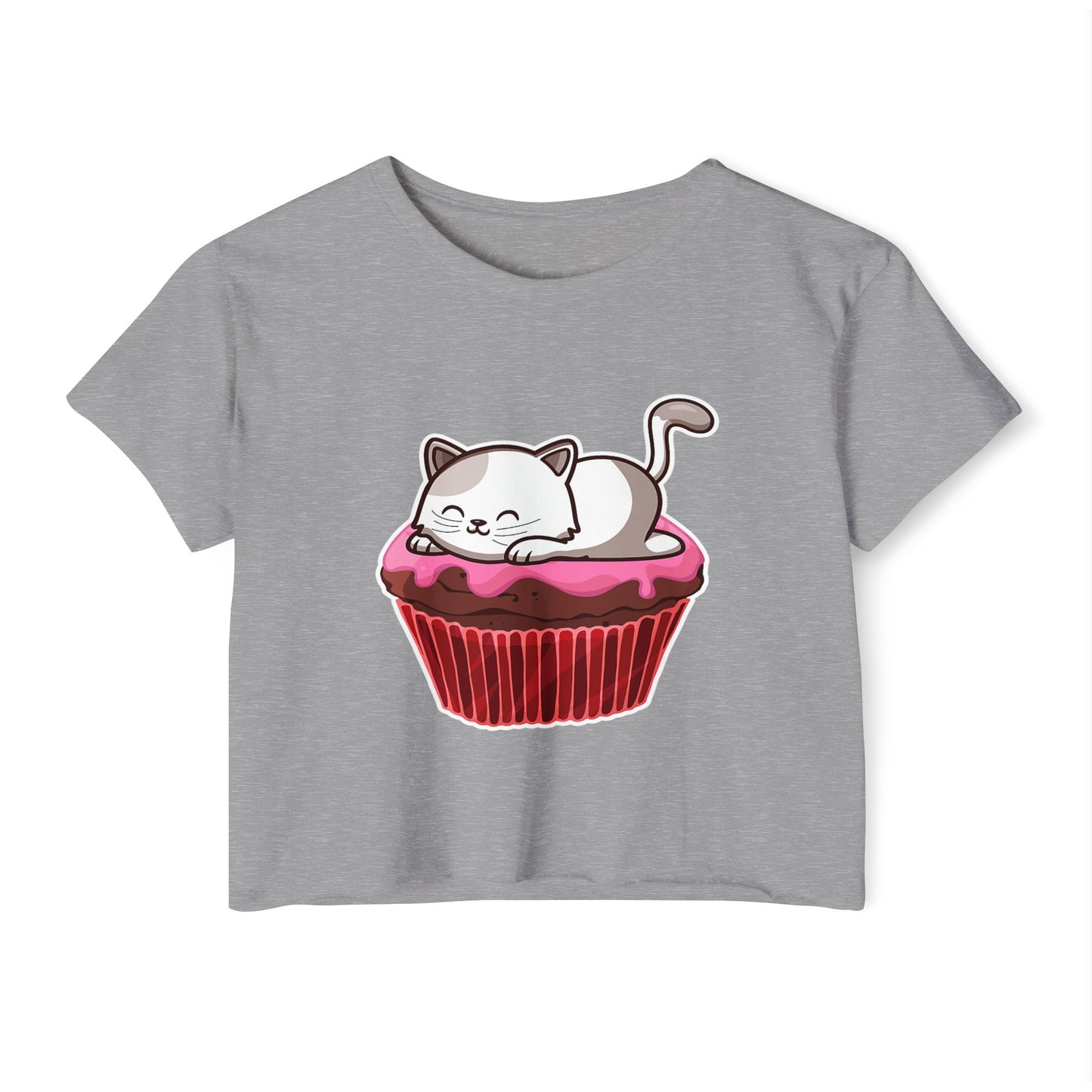 Cute Cat Cupcake Festival Crop Top, Women's Summer Shirt, Gift for Cat Lovers, Fun Party Outfit, Casual Wear