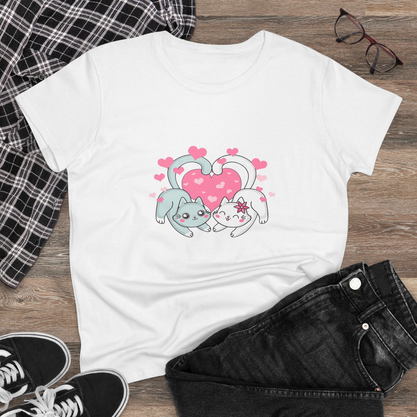 Cute Cat Love Tee for Pet Lovers, Valentine's Day Gift, Women's Casual Cotton T-Shirt, Cat Lover Shirt, Unique Pet Gift