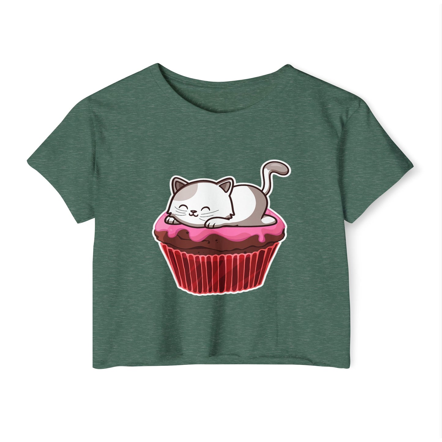 Cute Cat Cupcake Festival Crop Top, Women's Summer Shirt, Gift for Cat Lovers, Fun Party Outfit, Casual Wear