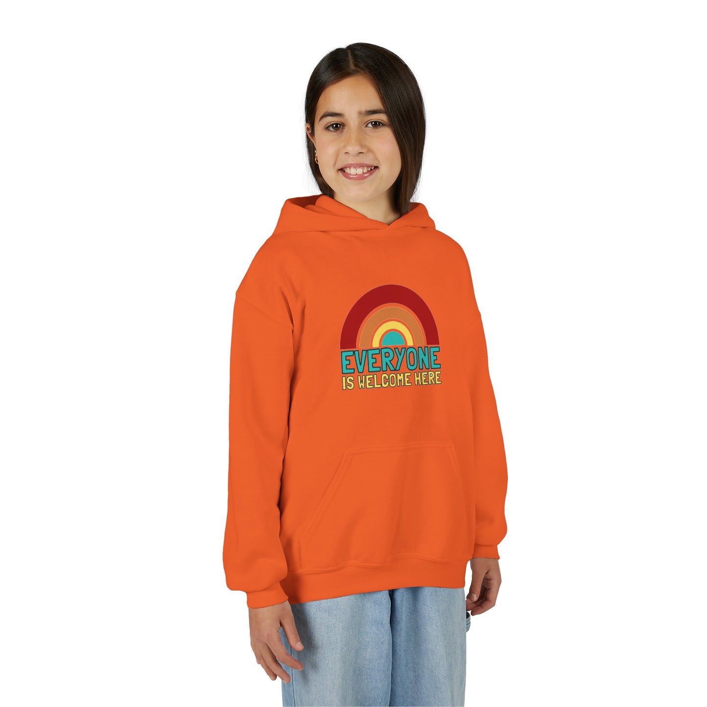 Youth Hooded Sweatshirt - Everyone is Welcome Here, Rainbow Sweatshirt, Cozy Pullover, Inclusive Gift, Kids Hoodie, LGBTQ+ Apparel