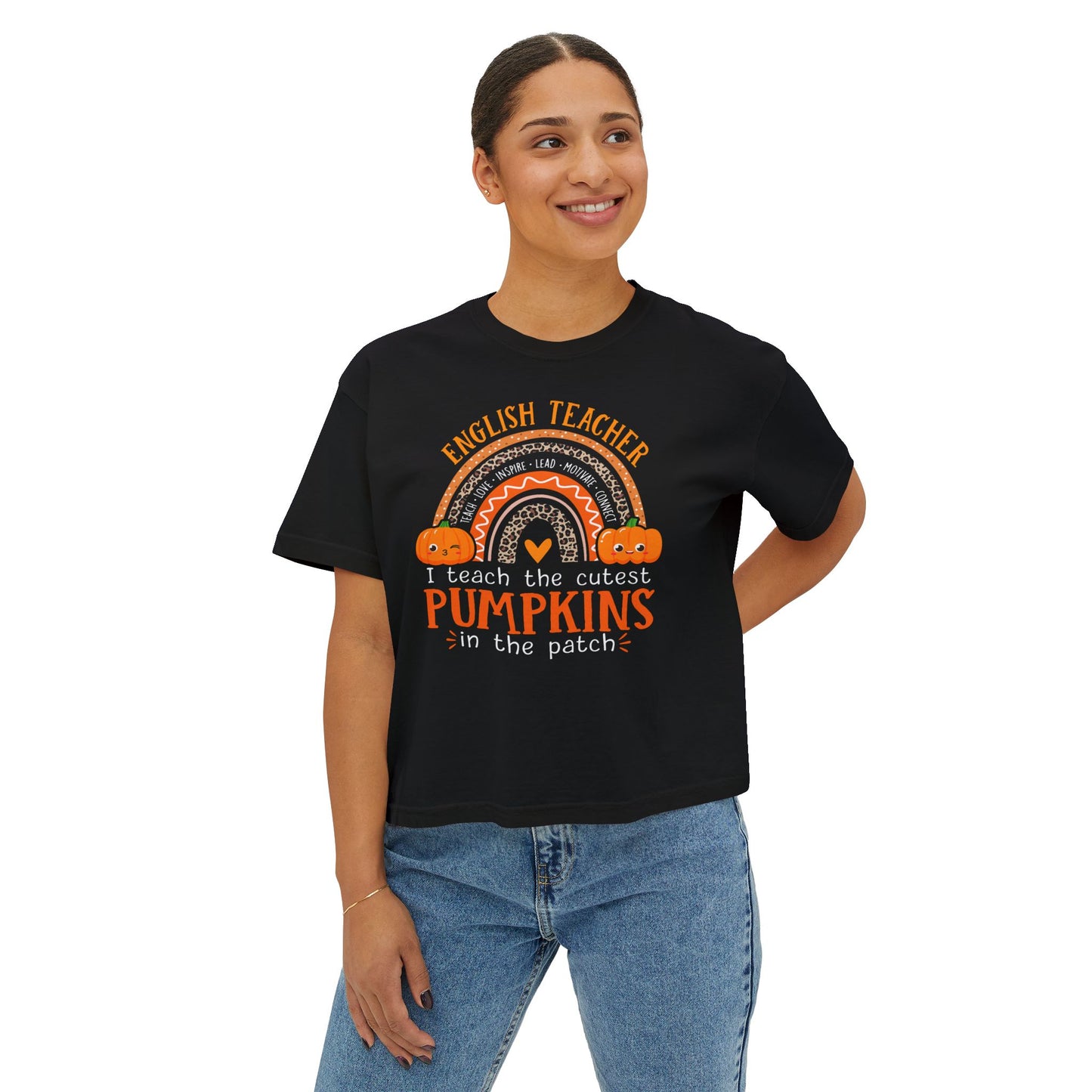Fall Pumpkin English Teacher Boxy Tee, Cute Teacher Shirt, Autumn Apparel, Funny Teacher Gift, Halloween Shirt, Gift for Teachers