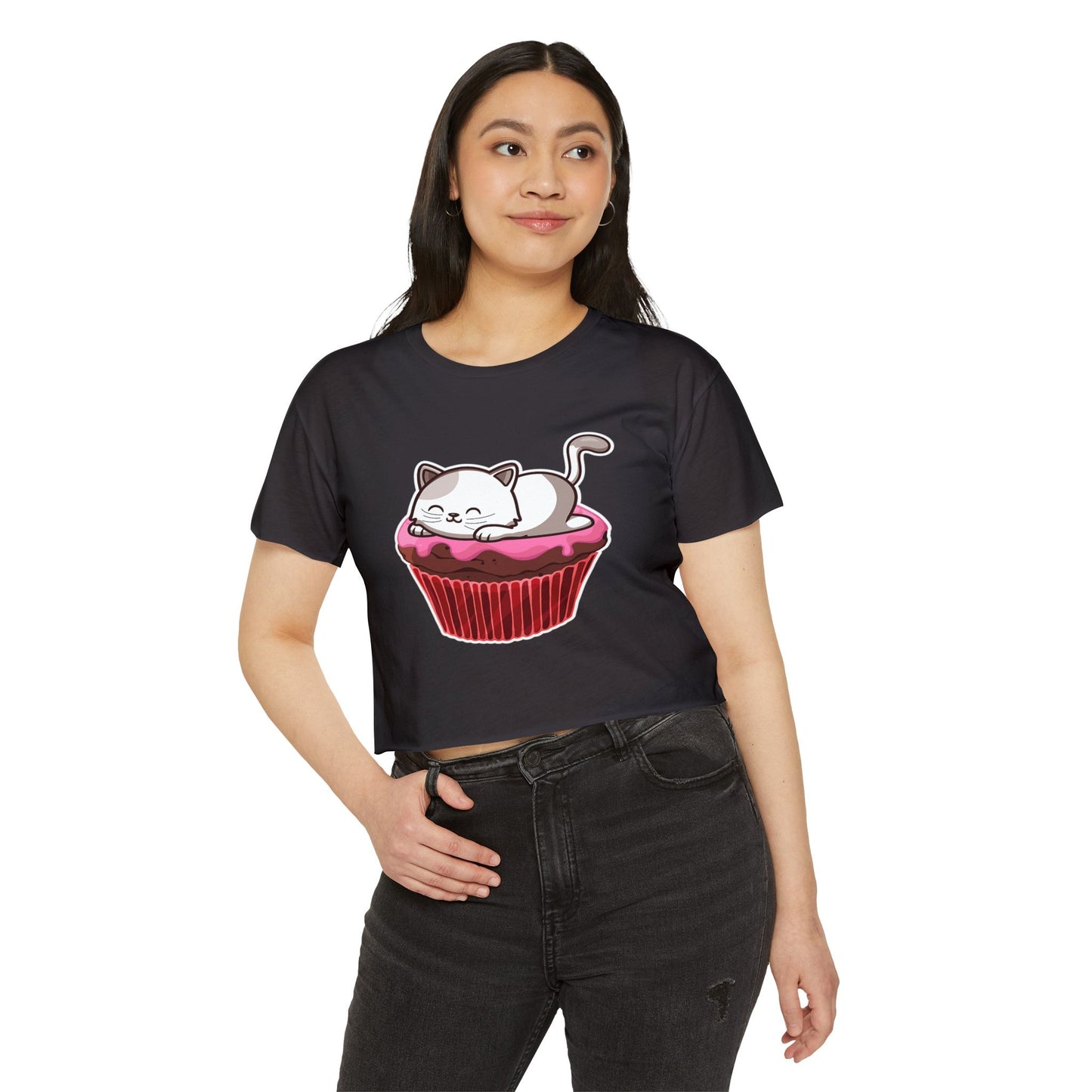 Cute Cat Cupcake Festival Crop Top, Women's Summer Shirt, Gift for Cat Lovers, Fun Party Outfit, Casual Wear