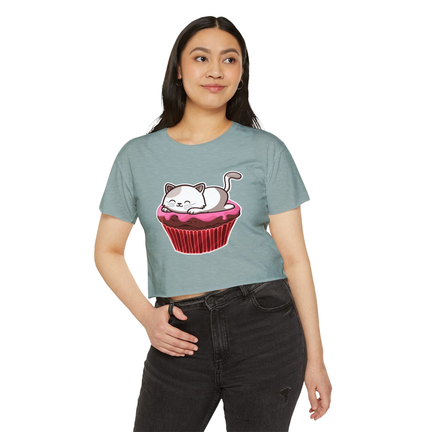 Cute Cat Cupcake Festival Crop Top, Women's Summer Shirt, Gift for Cat Lovers, Fun Party Outfit, Casual Wear