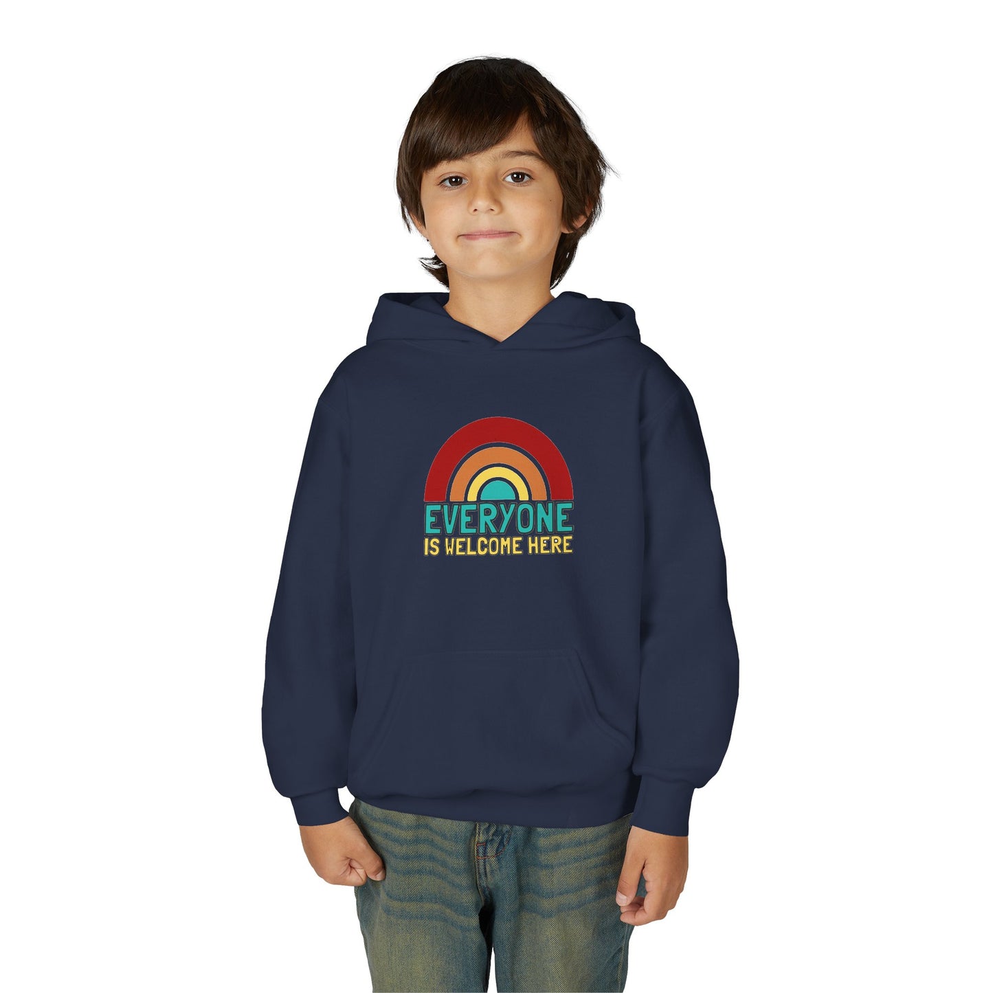 Youth Hooded Sweatshirt - Everyone is Welcome Here, Rainbow Sweatshirt, Cozy Pullover, Inclusive Gift, Kids Hoodie, LGBTQ+ Apparel