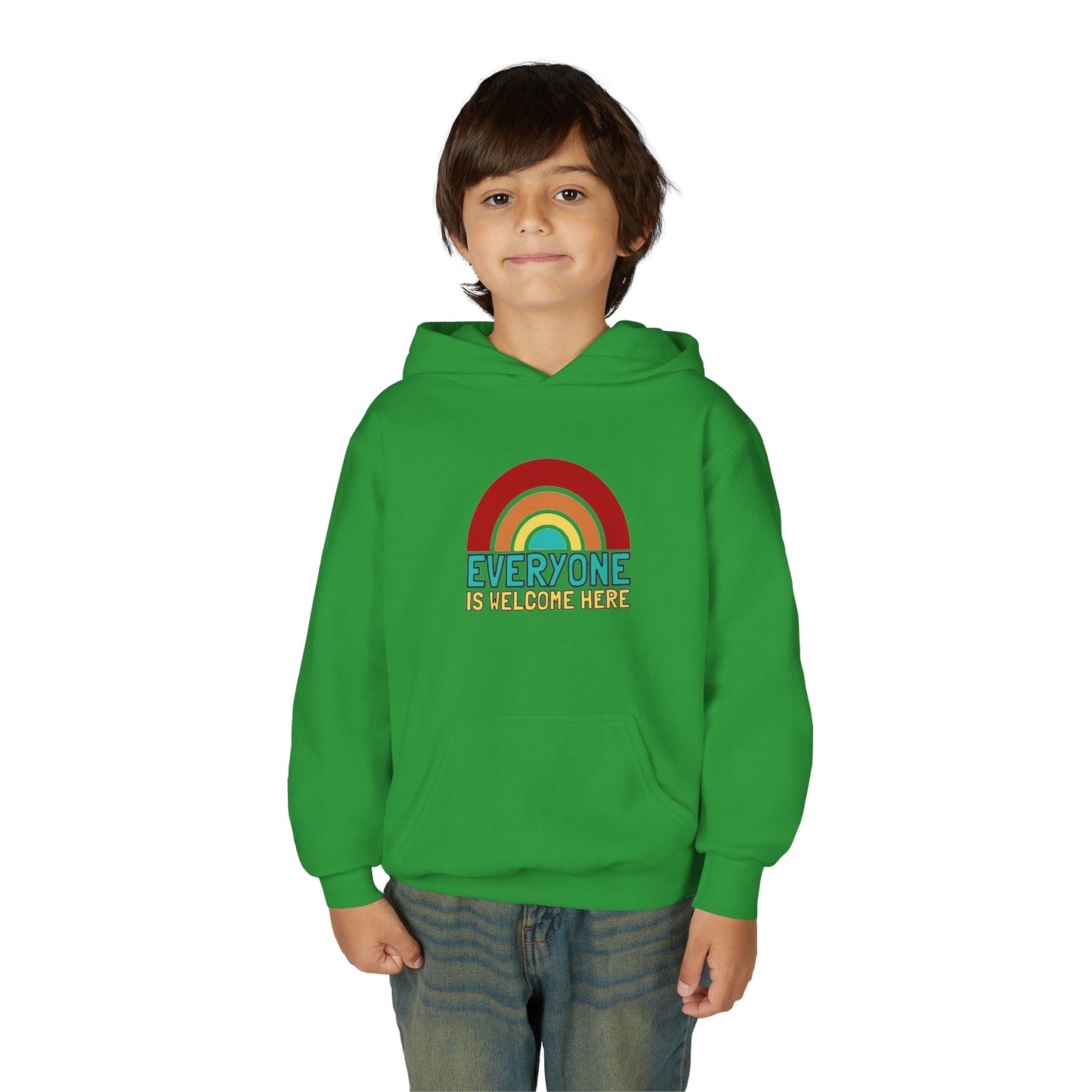 Youth Hooded Sweatshirt - Everyone is Welcome Here, Rainbow Sweatshirt, Cozy Pullover, Inclusive Gift, Kids Hoodie, LGBTQ+ Apparel